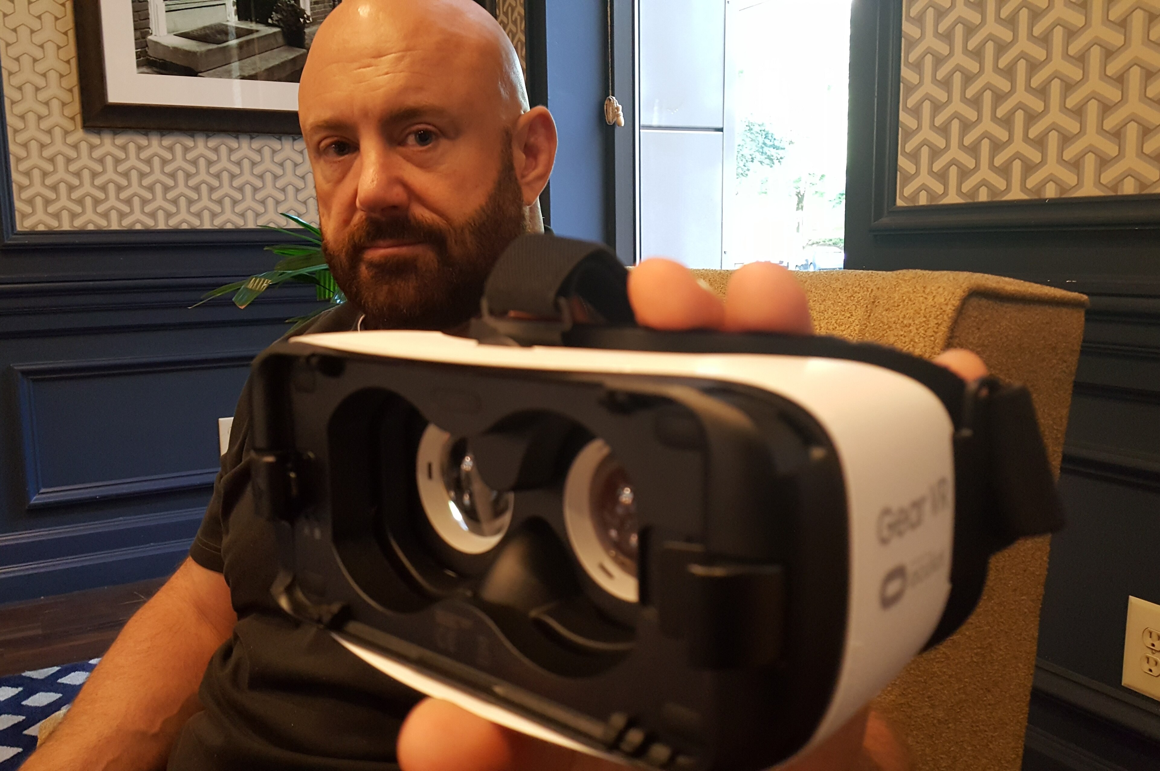 Chris Little displays a STRIVR-compatible headset. Which is actually a Samsung Gear. Powered by Oculus. Such is the VR Ecosystem.