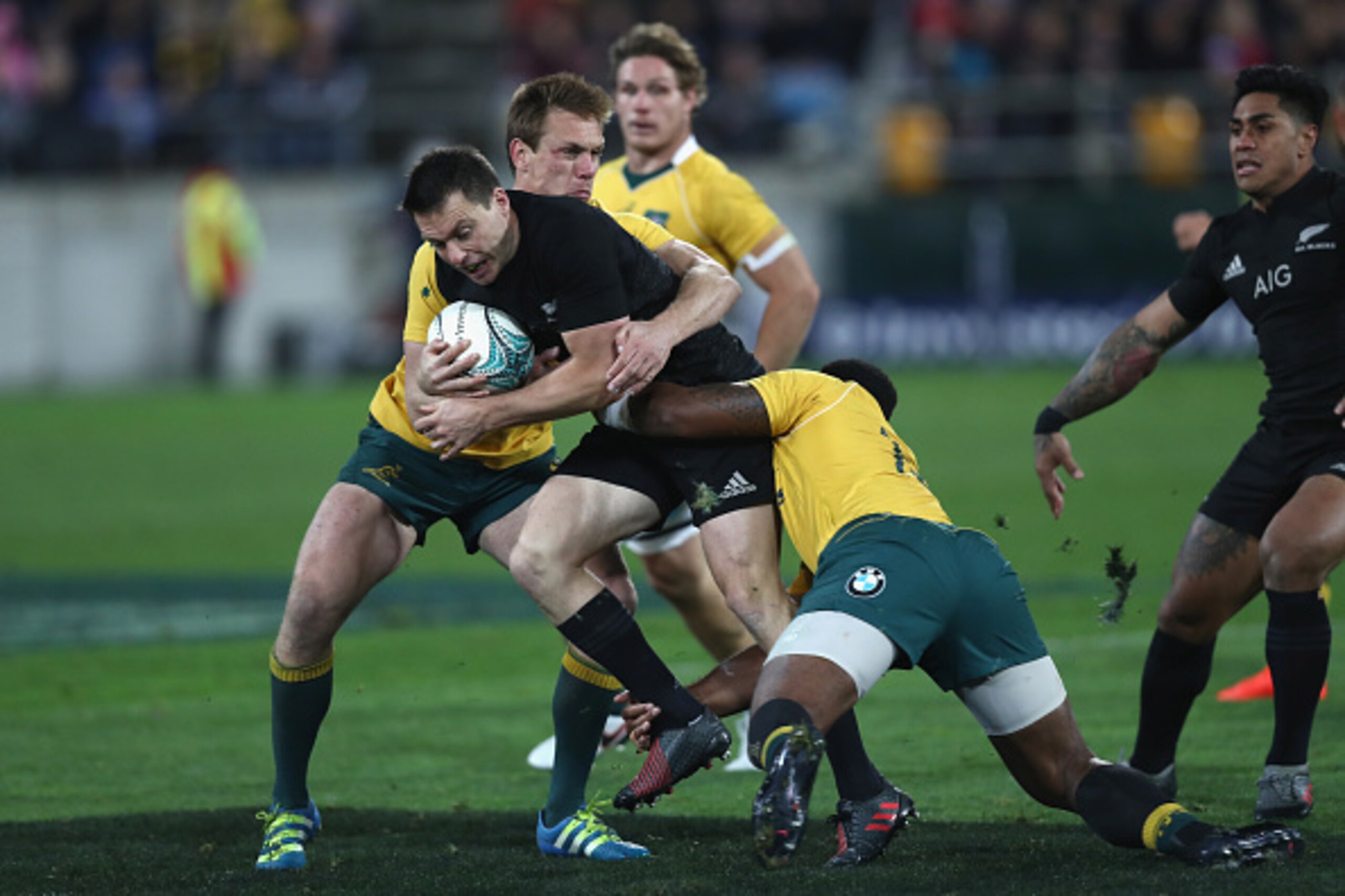 WELLINGTON, NEW ZEALAND - AUGUST 27: Ben Smith of the All Blacks is tackled during the Bledisloe Cup Rugby Championship match between the New Zealand All Blacks and the Australia Wallabies at Westpac Stadium on August 27, 2016 in Wellington, New Zealand. WELLINGTON, NEW ZEALAND - AUGUST 27: Ben Smith of the All Blacks is tackled during the Bledisloe Cup Rugby Championship match between the New Zealand All Blacks and the Australia Wallabies at Westpac Stadium on August 27, 2016 in Wellington, New Zealand.