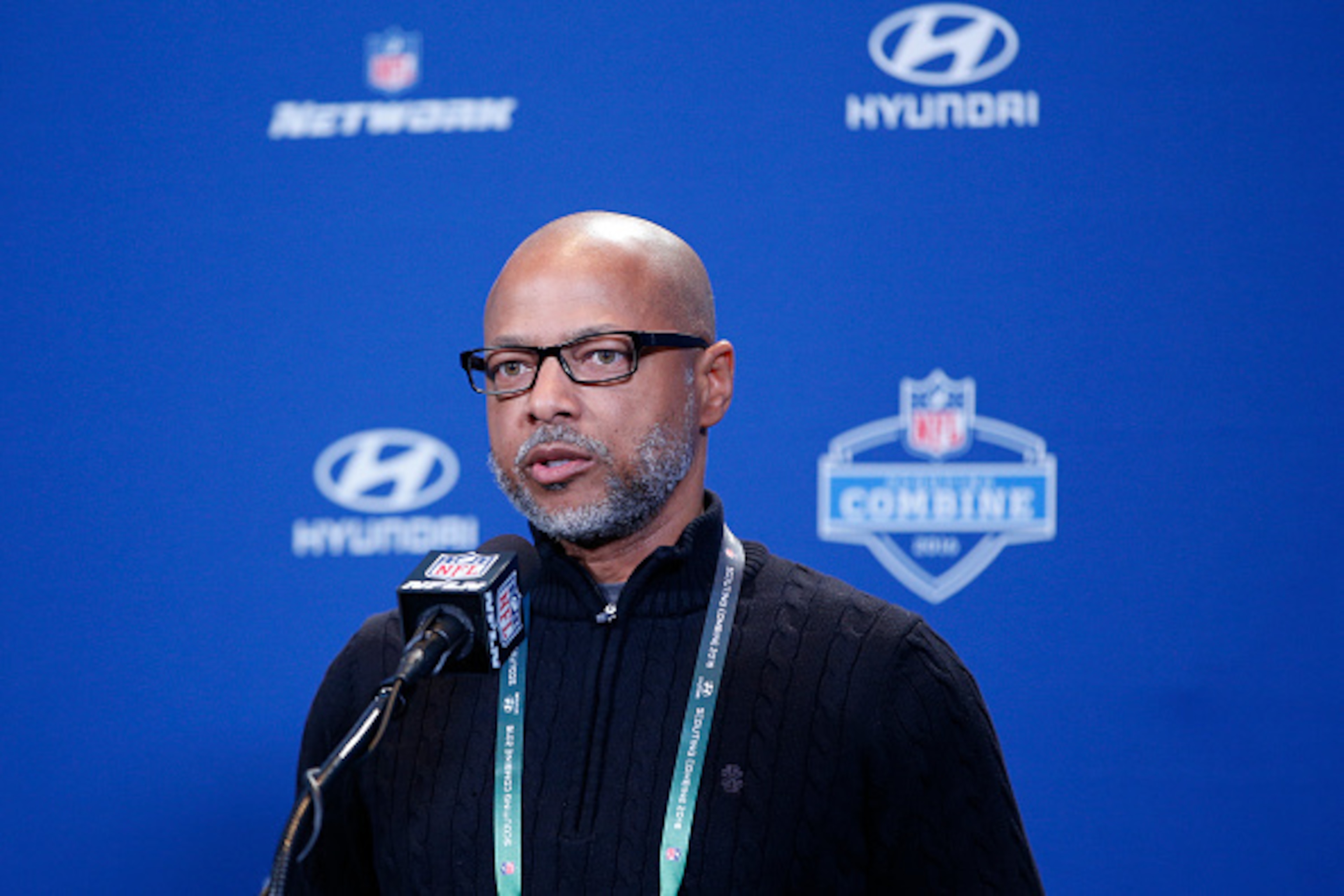 INDIANAPOLIS, IN - FEBRUARY 25: New York Giants senior vice president and general manager Jerry Reese speaks to the media during the 2016 NFL Scouting Combine at Lucas Oil Stadium on February 25, 2016 in Indianapolis, Indiana. (Photo by Joe Robbins/Getty 
