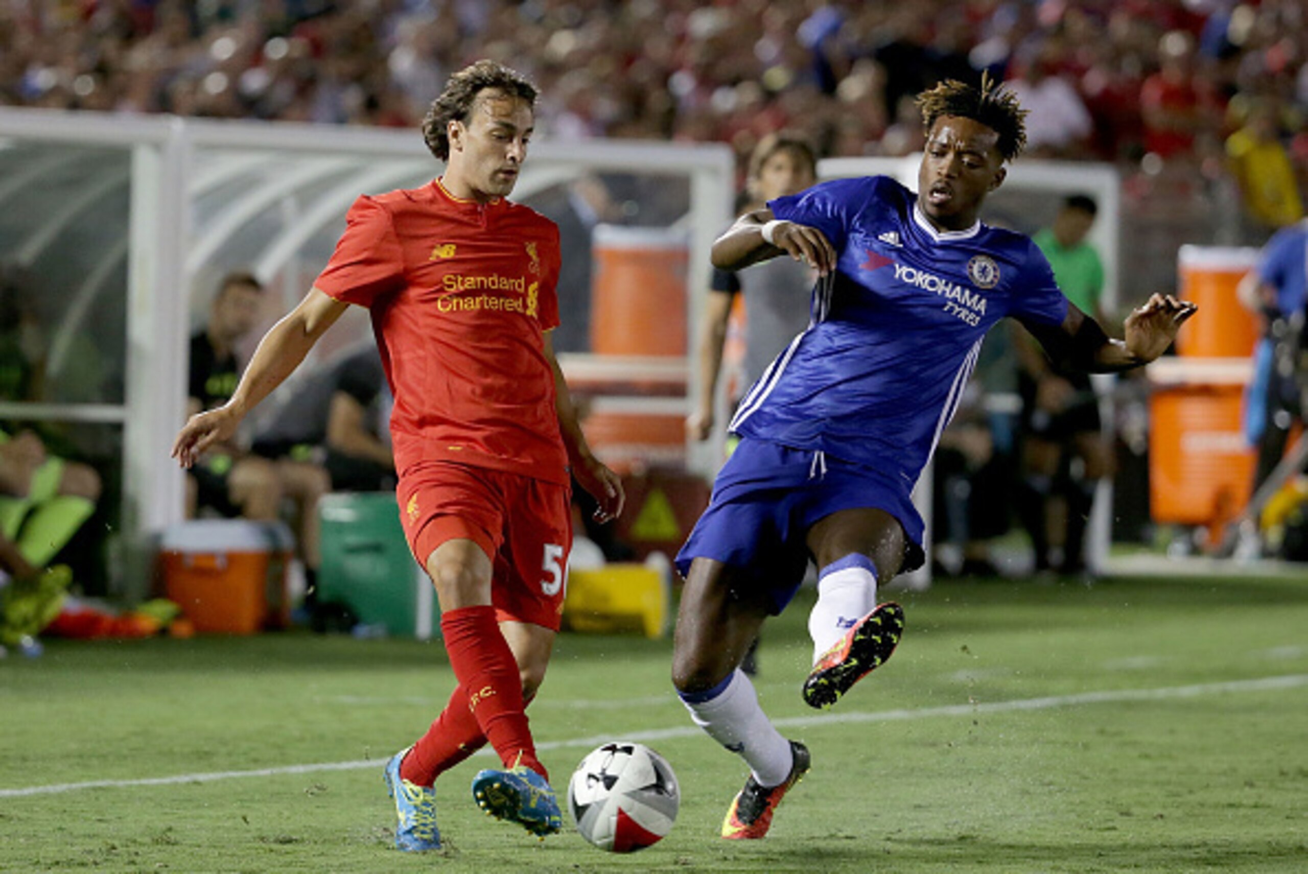 PASADENA, CA - JULY 27:  Lazar Markovic #50 of Liverpool is challenged by Nathaniel Chalobah #29 of Chelsea in the second half during the 2016 International Champions Cup at Rose Bowl on July 27, 2016 in Pasadena, California. Chelsea defeated Liverpool 1-