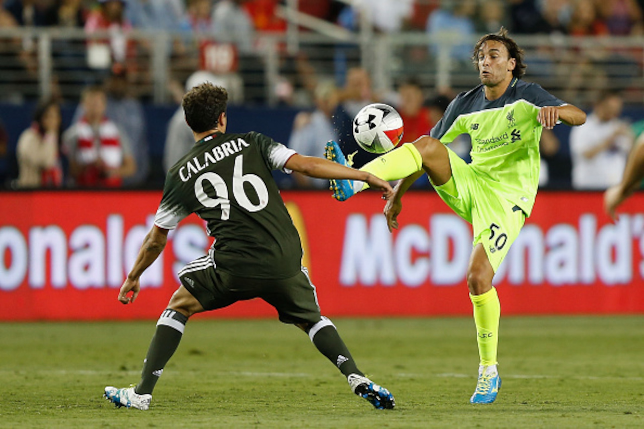 SANTA CLARA, CA - JULY 30: Lazar Markovic of Liverpool FC competes for the ball against Davide Calabria of AC Milan during the International Champions Cup match at Levi's Stadium on July 30, 2016 in Santa Clara, California. (Photo by Lachlan Cunningham/Ge