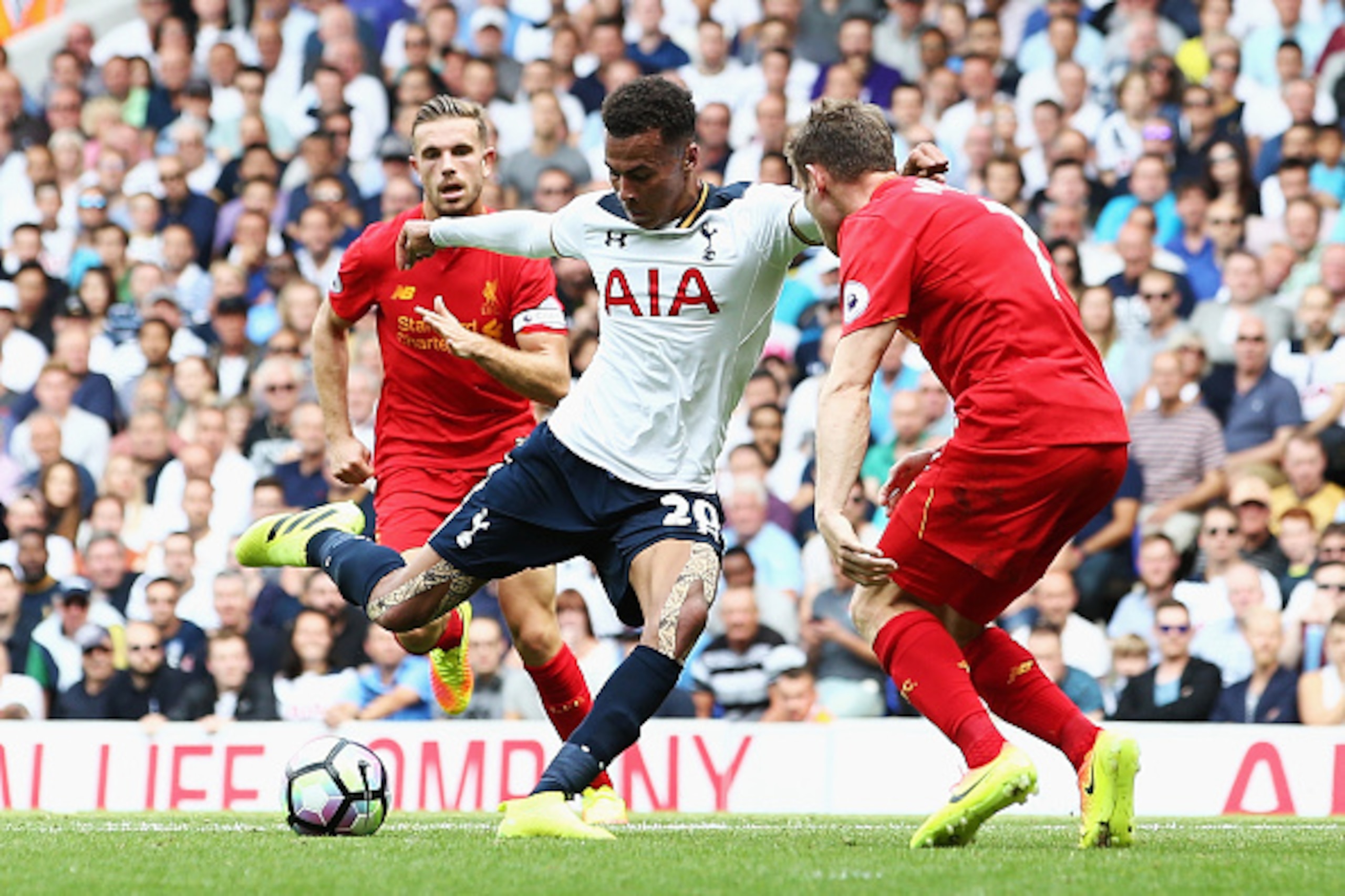 LONDON, ENGLAND - AUGUST 27: Dele Alli of Tottenham Hotspur attempts a shot during the Premier League match between Tottenham Hotspur and Liverpool at White Hart Lane on August 27, 2016 in London, England.  (Photo by Jan Kruger/Getty Images)