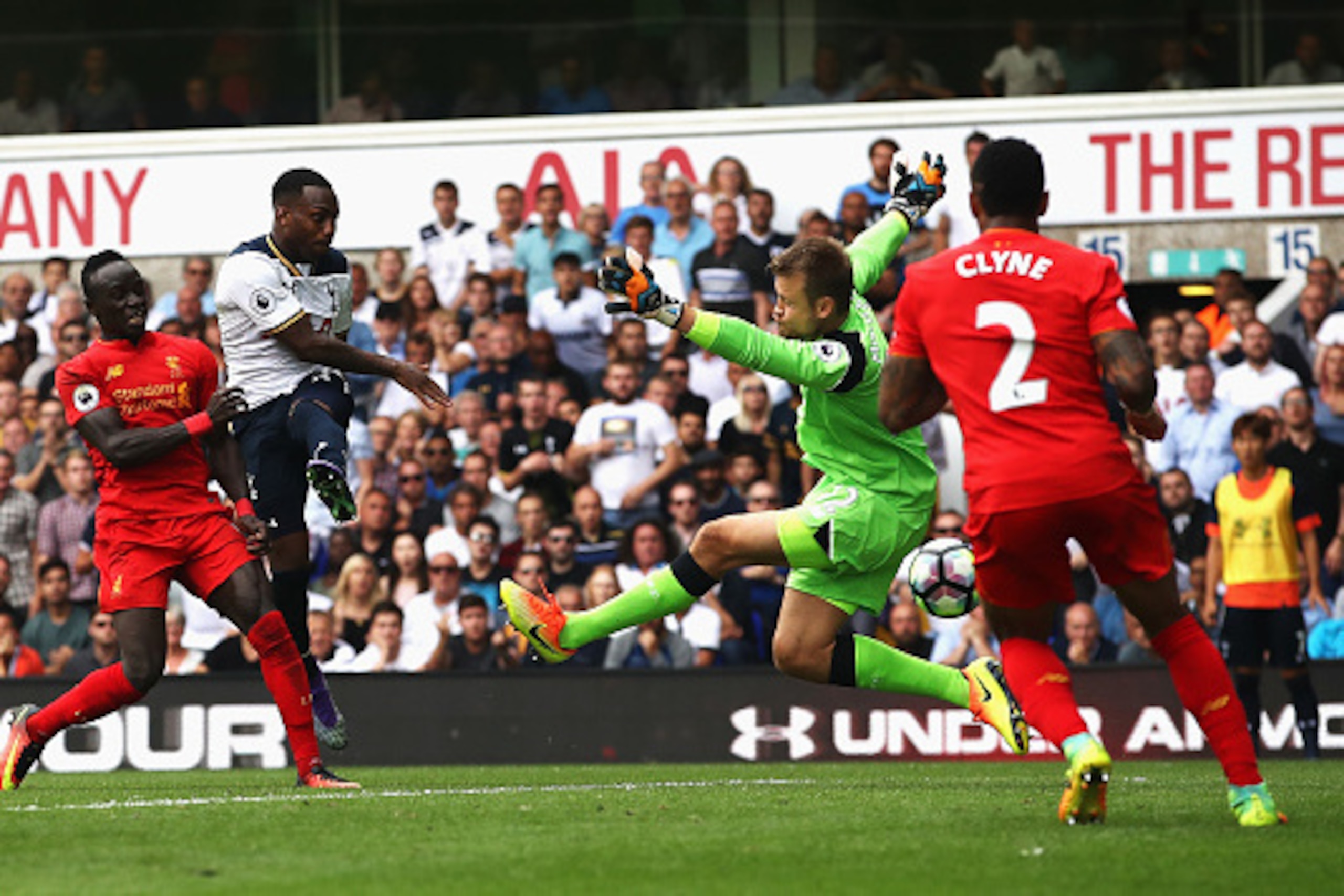 LONDON, ENGLAND - AUGUST 27: Danny Rose of Tottenham Hotspur scores his sides first goal past Simon Mignolet of Liverpool during the Premier League match between Tottenham Hotspur and Liverpool at White Hart Lane on August 27, 2016 in London, England.  (P