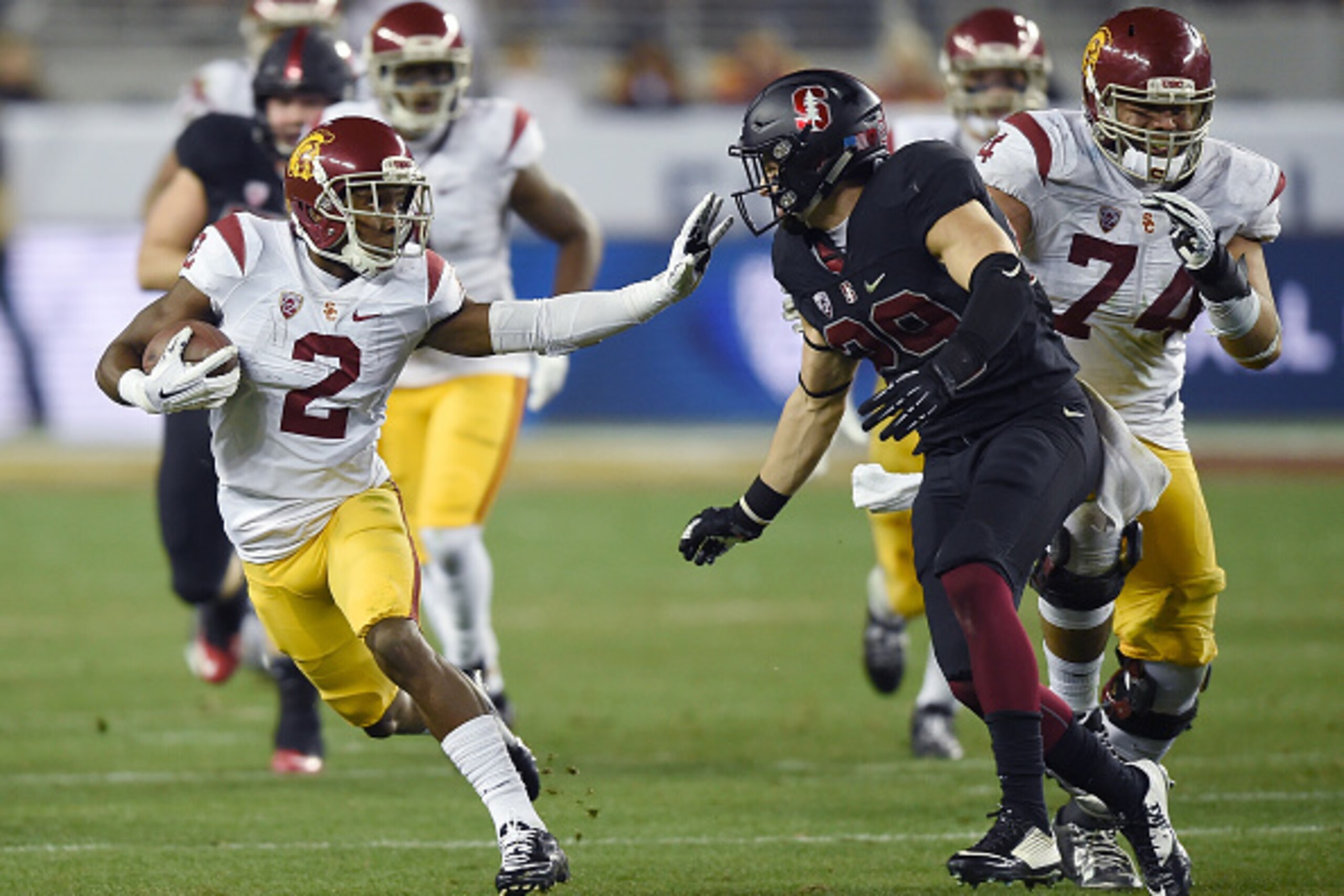 SANTA CLARA, CA - DECEMBER 05:  Adoree' Jackson #2 of the USC Trojans runs with the ball after catching a pass against the Stanford Cardinal during the the NCAA Pac-12 Championship game at Levi's Stadium on December 5, 2015 in Santa Clara, California.  (P
