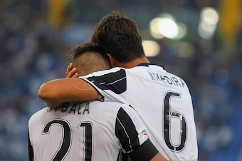 ROME, ITALY - AUGUST 27:  Sami Khedira #6 with his teammate Paulo Bruno Exequiel Dybala of Juventus FC celebrates after scoring the opening goal during the Serie A match between SS Lazio and Juventus FC at Stadio Olimpico on August 27, 2016 in Rome, Italy