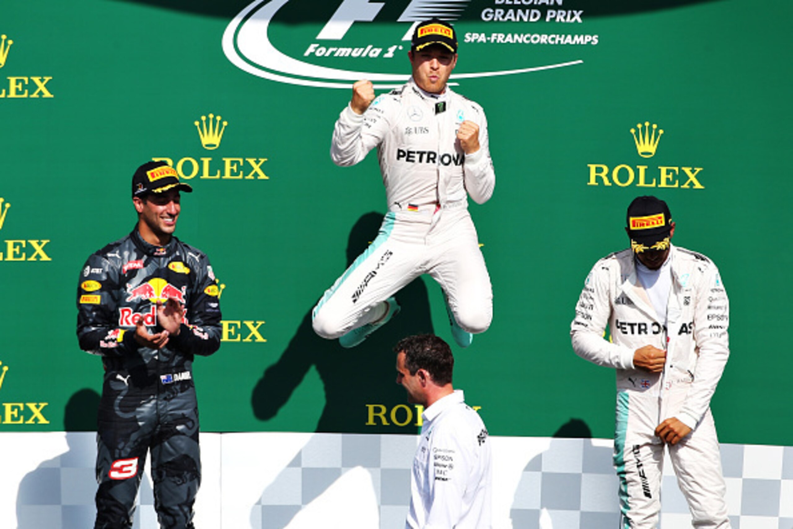 SPA, BELGIUM - AUGUST 28: Nico Rosberg of Gecrmany and Mercedes GP celebrates his win on the podium during the Formula One Grand Prix of Belgium at Circuit de Spa-Francorchamps on August 28, 2016 in Spa, Belgium  (Photo by Charles Coates/Getty Images)