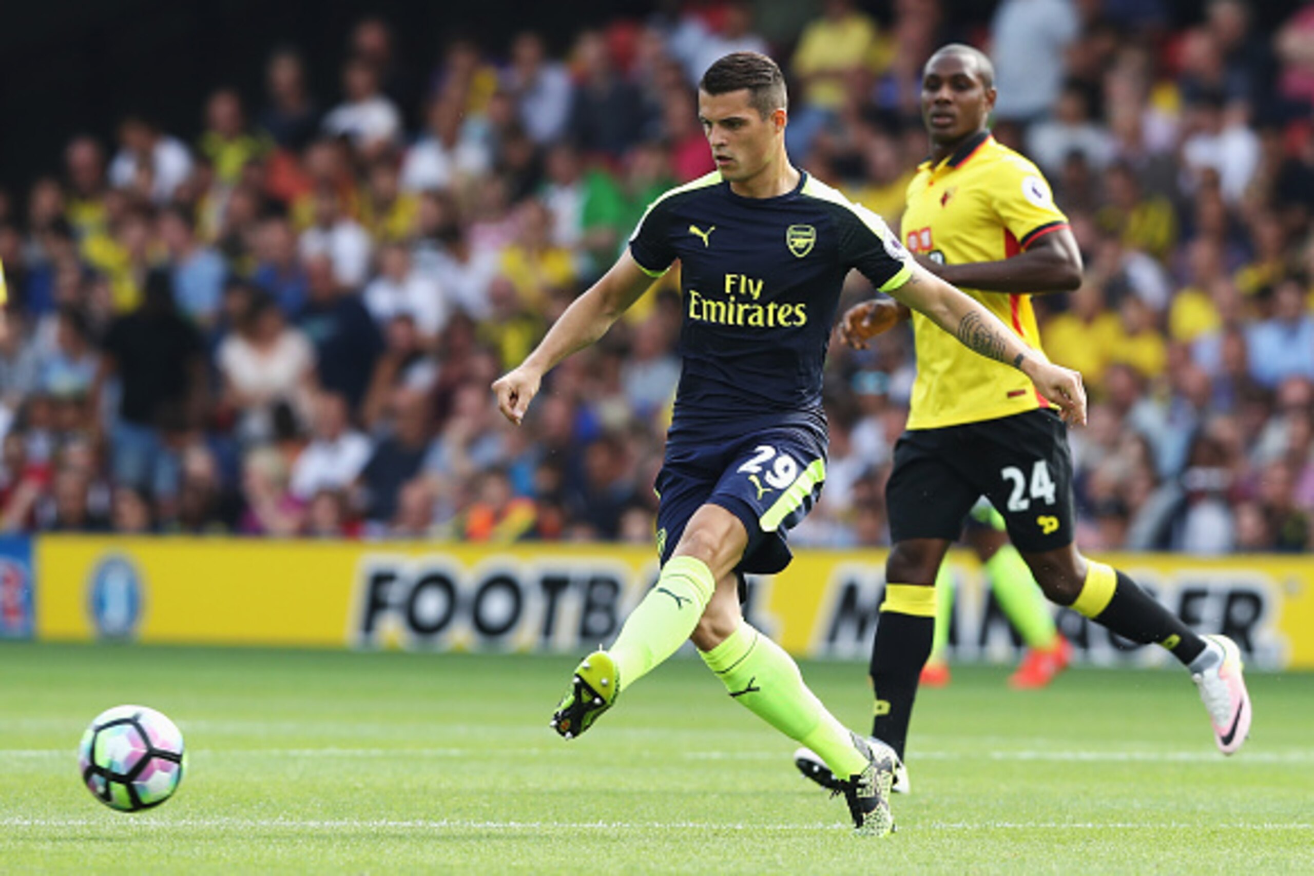 WATFORD, ENGLAND - AUGUST 27: Granit Xhaka of Arsenal in action during the Premier League match between Watford and Arsenal at Vicarage Road on August 27, 2016 in Watford, England.  (Photo by David Rogers/Getty Images)