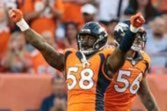 Aug 27, 2016; Denver, CO, USA; Denver Broncos outside linebacker Von Miller (58) celebrates after a sack in the first quarter against the Los Angeles Rams at Sports Authority Field at Mile High. Mandatory Credit: Isaiah J. Downing-USA TODAY Sports