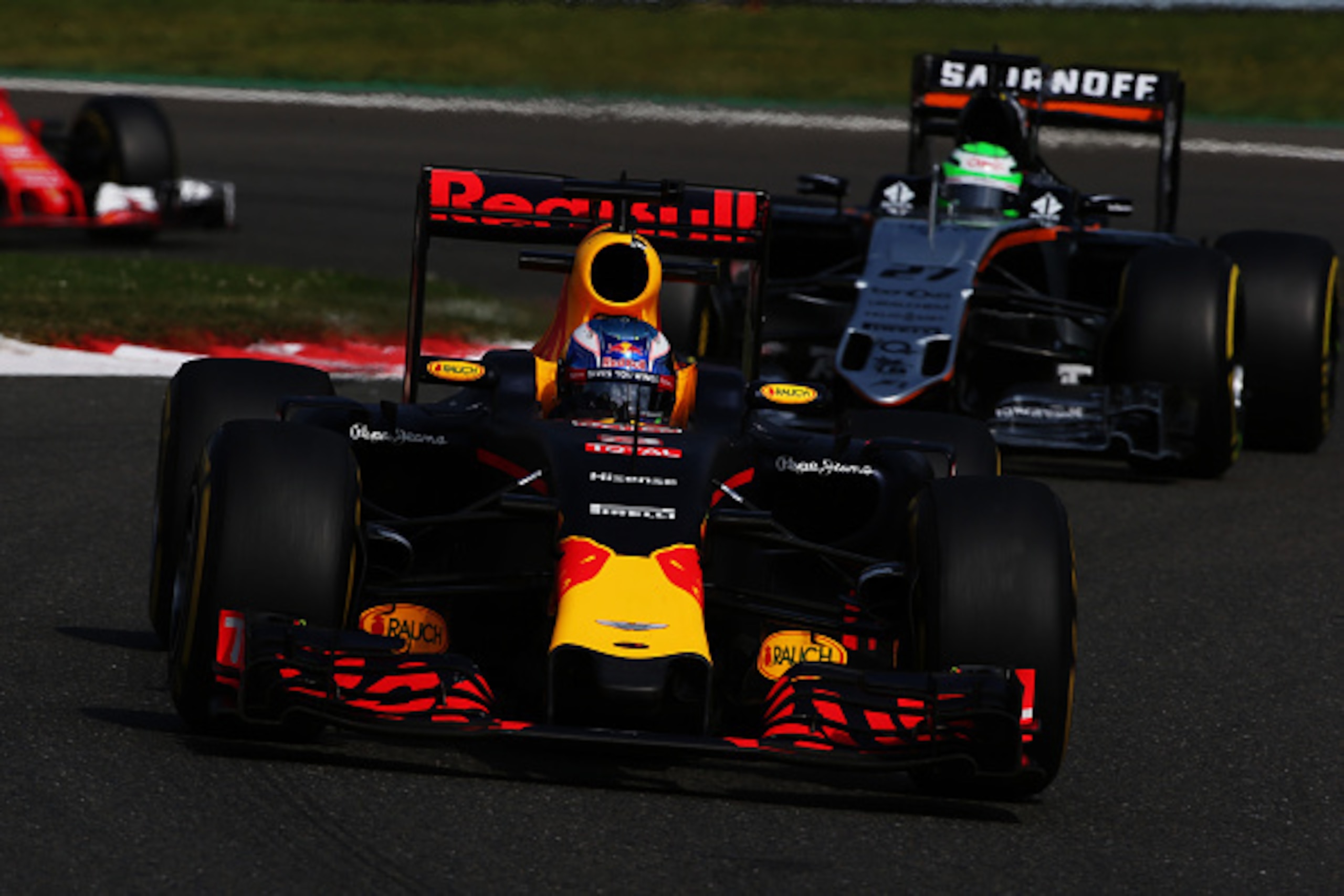SPA, BELGIUM - AUGUST 28: Daniel Ricciardo of Australia driving the (3) Red Bull Racing Red Bull-TAG Heuer RB12 TAG Heuer leads Nico Hulkenberg of Germany driving the (27) Sahara Force India F1 Team VJM09 Mercedes PU106C Hybrid turbo on track during the F SPA, BELGIUM - AUGUST 28: Daniel Ricciardo of Australia driving the (3) Red Bull Racing Red Bull-TAG Heuer RB12 TAG Heuer leads Nico Hulkenberg of Germany driving the (27) Sahara Force India F1 Team VJM09 Mercedes PU106C Hybrid turbo on track during the F