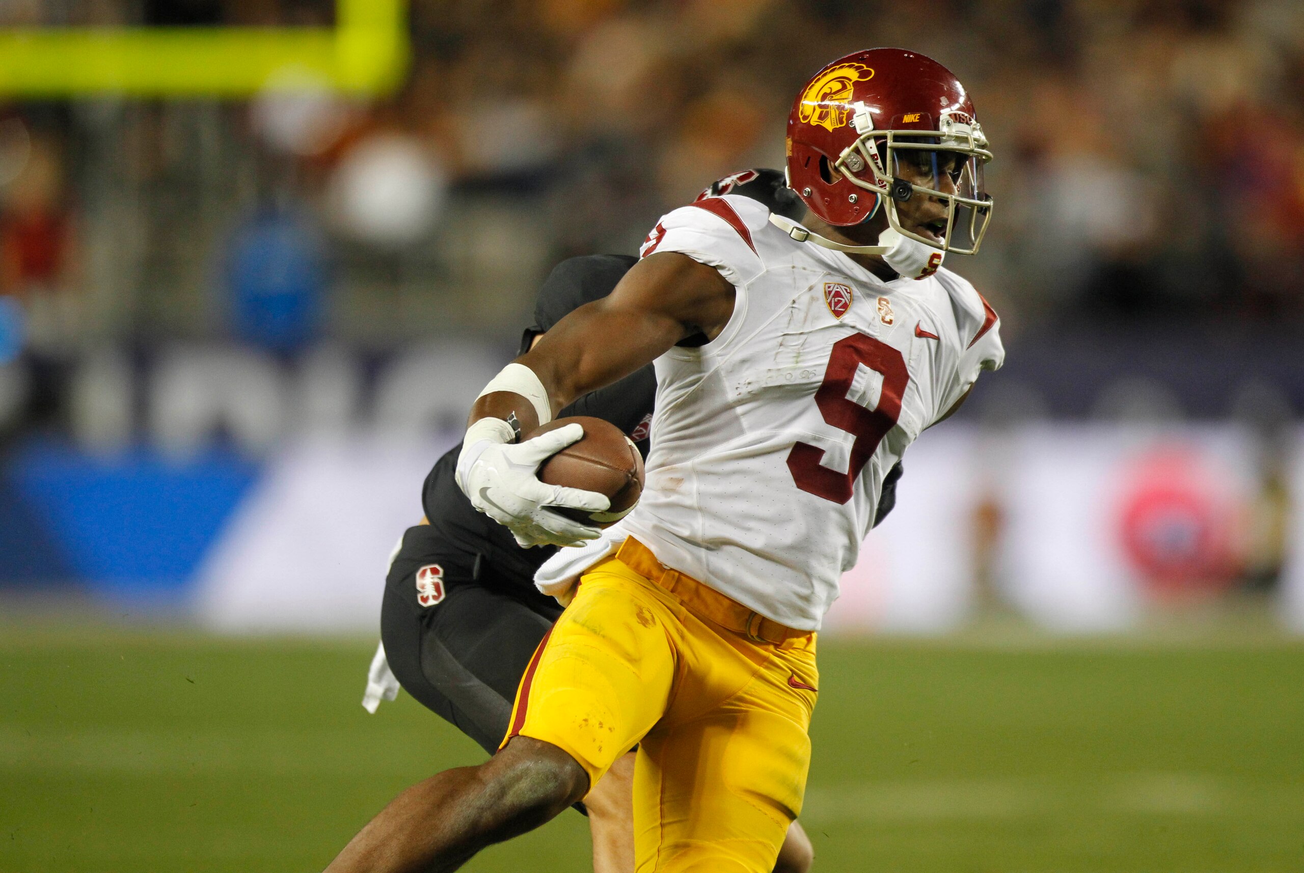 Dec 5, 2015; Santa Clara, CA, USA; Southern California Trojans wide receiver Juju Smith-Schuster (9) runs with the ball after making a catch against the Stanford Cardinal in the third quarter in the Pac-12 Conference football championship game at Levi's S