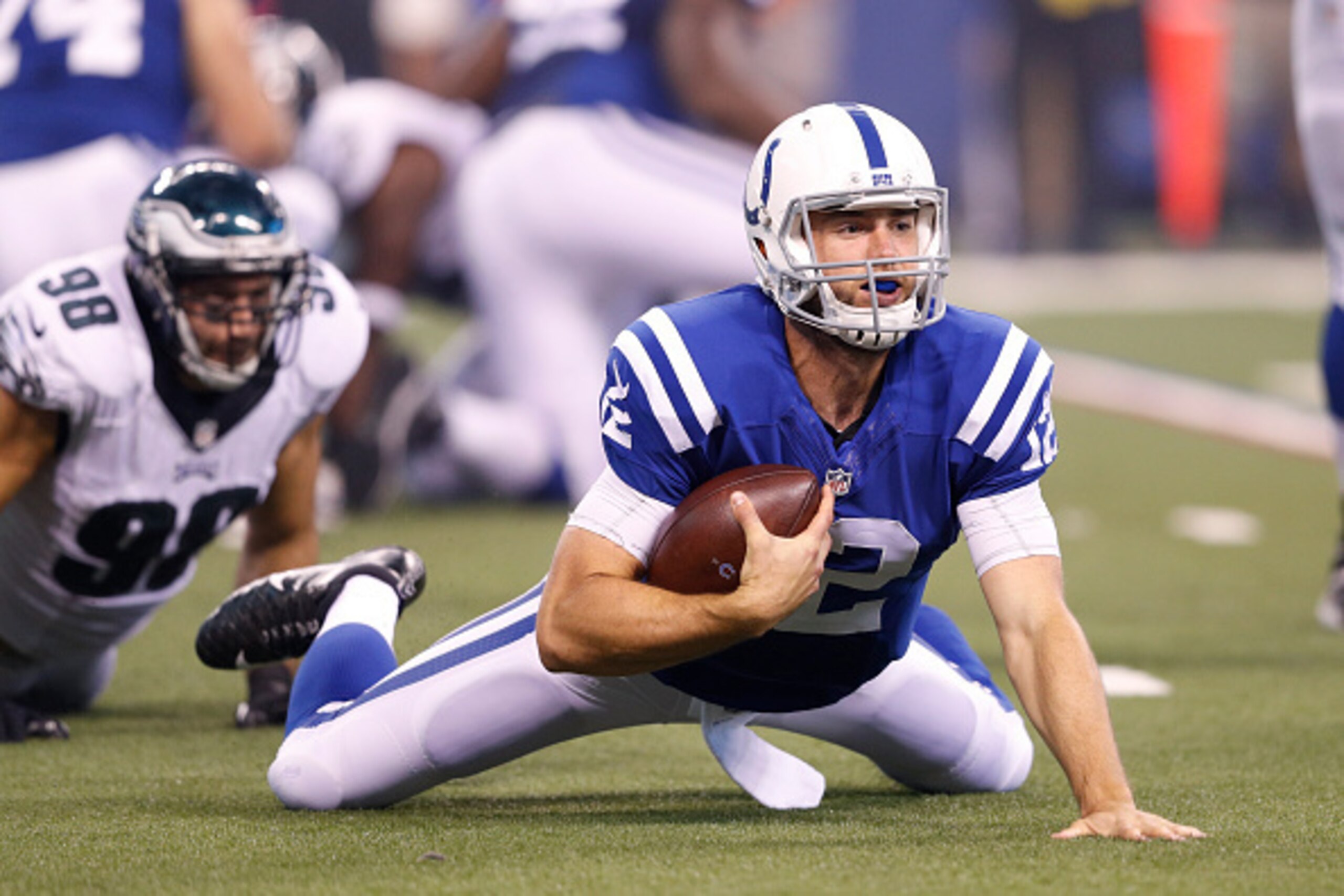 INDIANAPOLIS, IN - AUGUST 27: Andrew Luck #12 of the Indianapolis Colts gets sacked by Connor Barwin #98 of the Philadelphia Eagles in the first quarter of an preseason NFL game at Lucas Oil Stadium on August 27, 2016 in Indianapolis, Indiana. (Photo by J