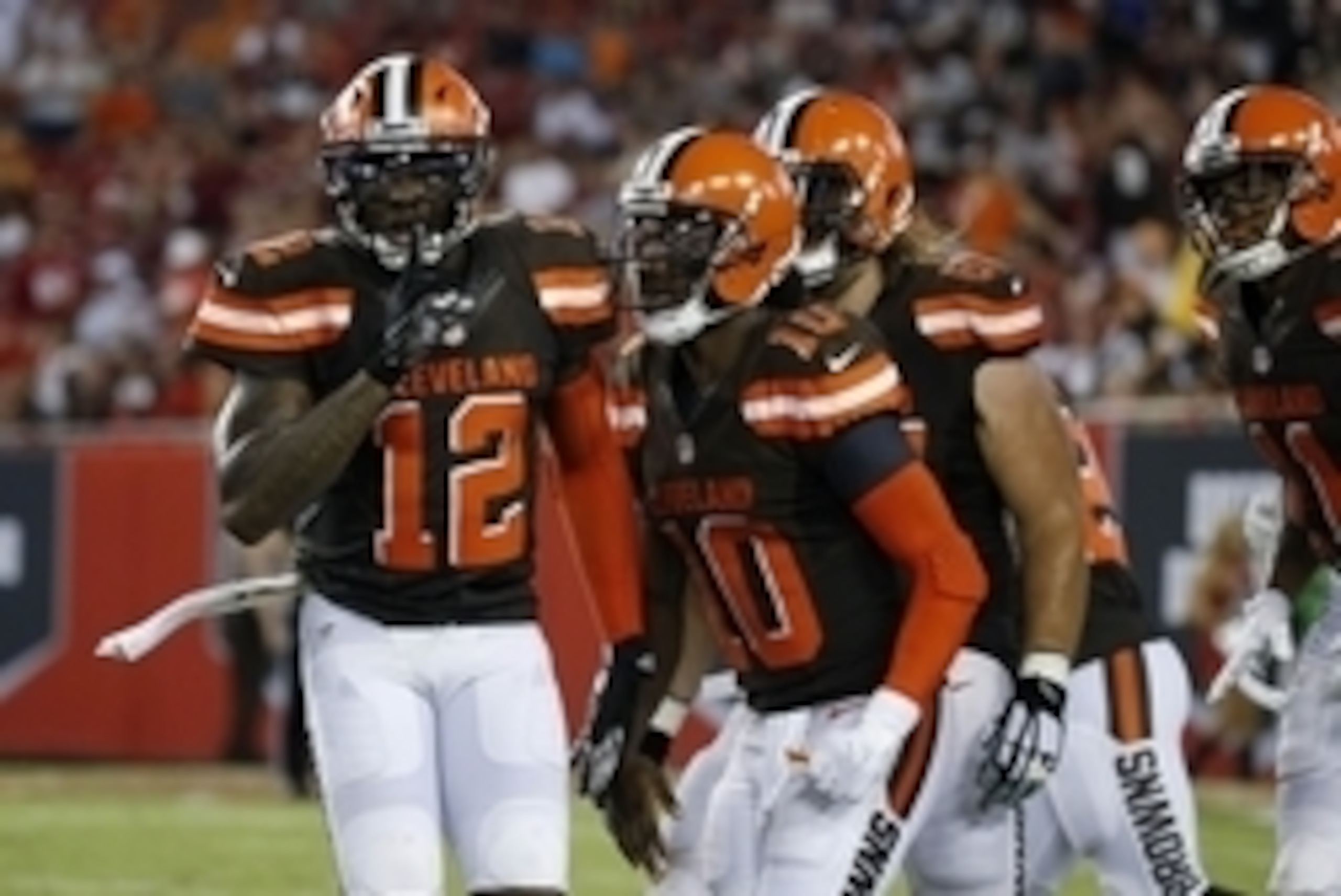 Aug 26, 2016; Tampa, FL, USA;  Cleveland Browns wide receiver Josh Gordon (12) celebrates with quarterback Robert Griffin III (10)  after he scored a touchdown against the Tampa Bay Buccaneers during the first half at Raymond James Stadium. Mandatory Cred