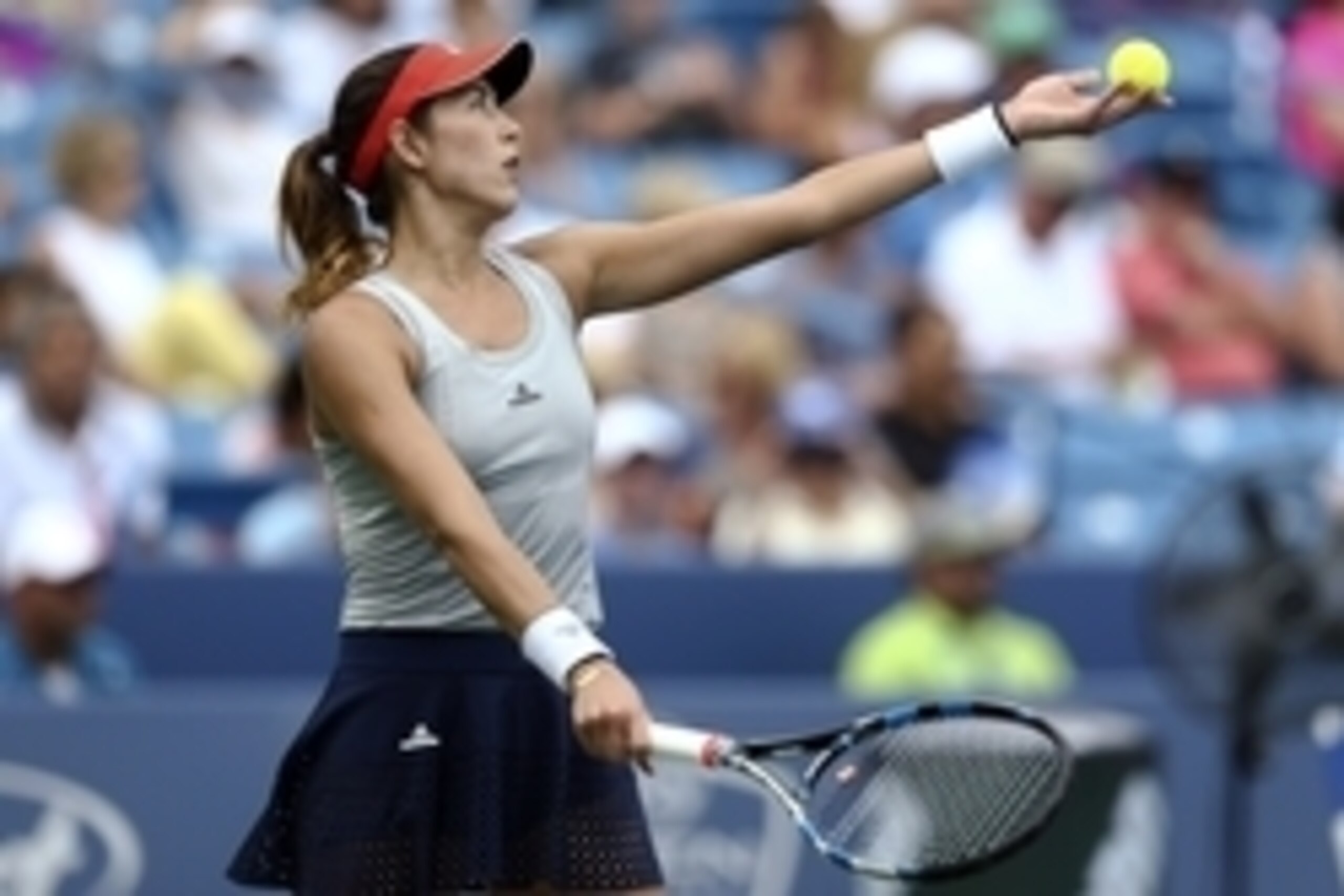 Aug 20, 2016; Mason, OH, USA; Garbine Muguruza (ESP) serves against Karolina Pliskova (CZE) in the semifinals during the Western and Southern tennis tournament at Linder Family Tennis Center. Mandatory Credit: Aaron Doster-USA TODAY Sports