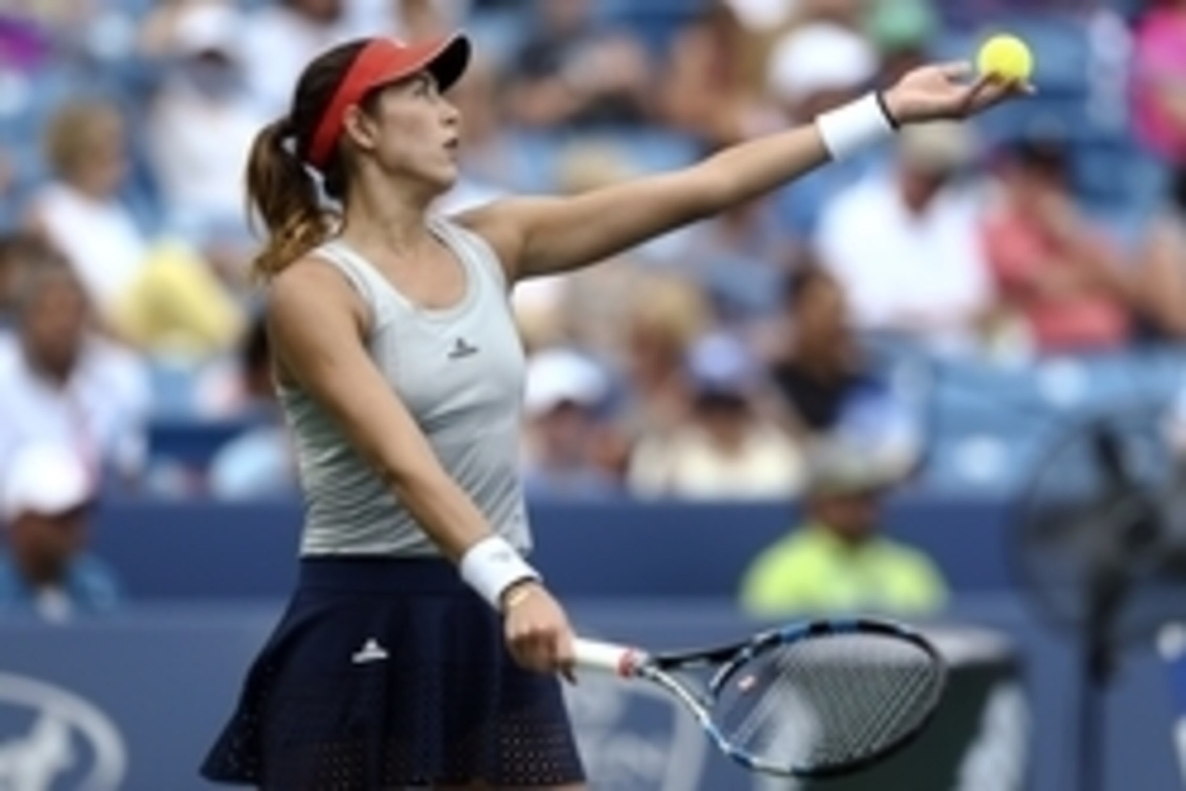 Aug 20, 2016; Mason, OH, USA; Garbine Muguruza (ESP) serves against Karolina Pliskova (CZE) in the semifinals during the Western and Southern tennis tournament at Linder Family Tennis Center. Mandatory Credit: Aaron Doster-USA TODAY Sports