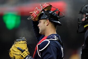 WASHINGTON, DC - MARCH 31:  Catcher Brian McCann #16 of the Atlanta Braves against the Washington Nationals at Nationals Park on March 31, 2011 in Washington, DC.  (Photo by Rob Carr/Getty Images)