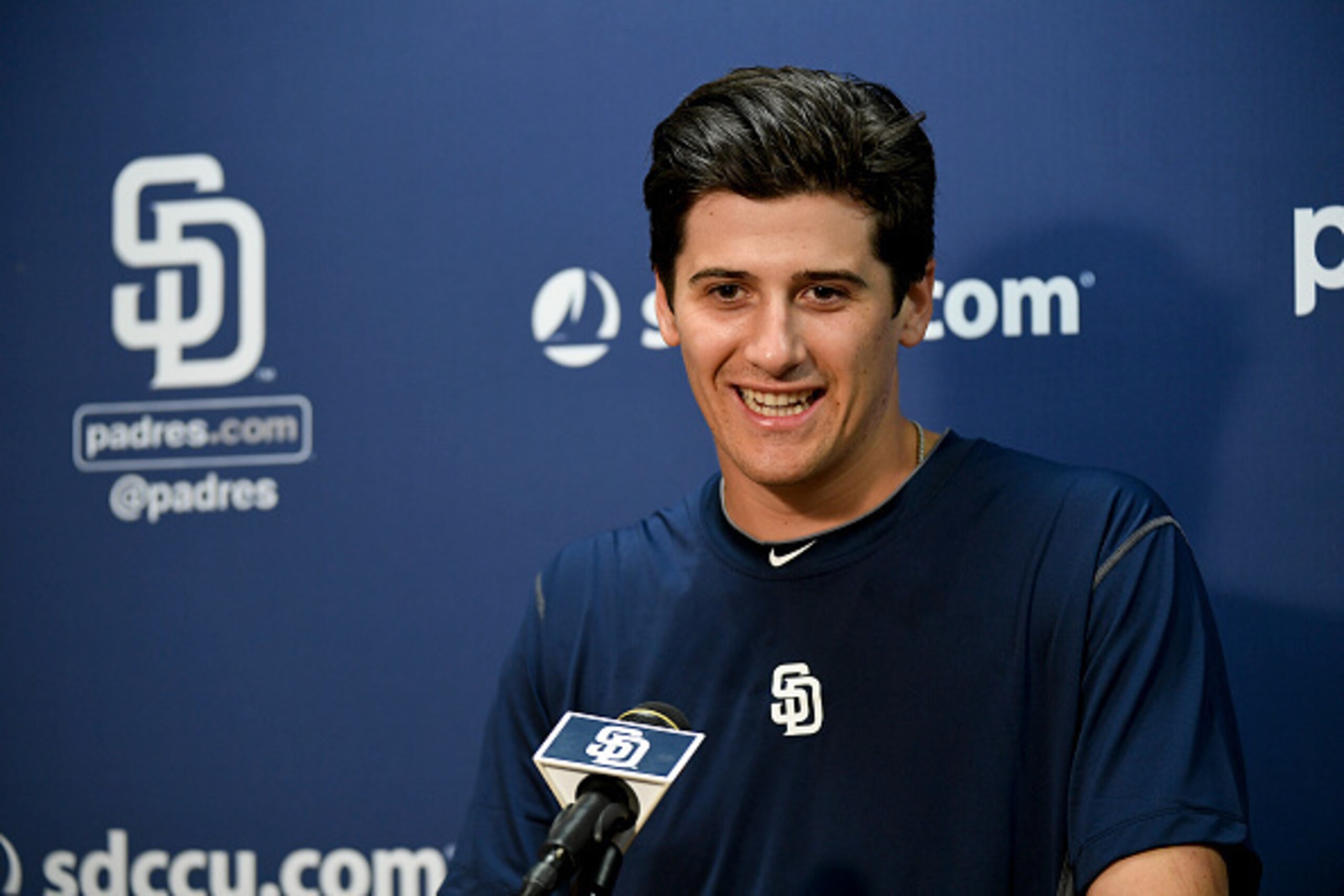 SAN DIEGO, CA - JUNE 13: First round number one draft pick, Cal Quantrill of the San Diego Padres participates in a press conference prior to the game against the Miami Marlins at PETCO Park on June 13, 2016 in San Diego, California. (Photo by Andy Hayt/S