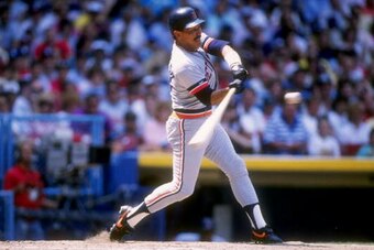 Outfielder Luis Salazar of the Detroit Tigers at bat during a game.
