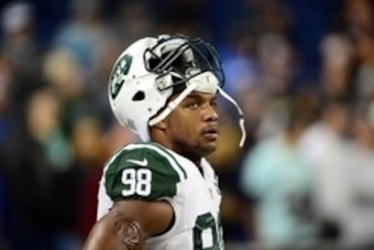 Nov 24, 2014; Detroit, MI, USA; New York Jets outside linebacker Quinton Coples (98) against the Buffalo Bills at Ford Field. Mandatory Credit: Andrew Weber-USA TODAY Sports
