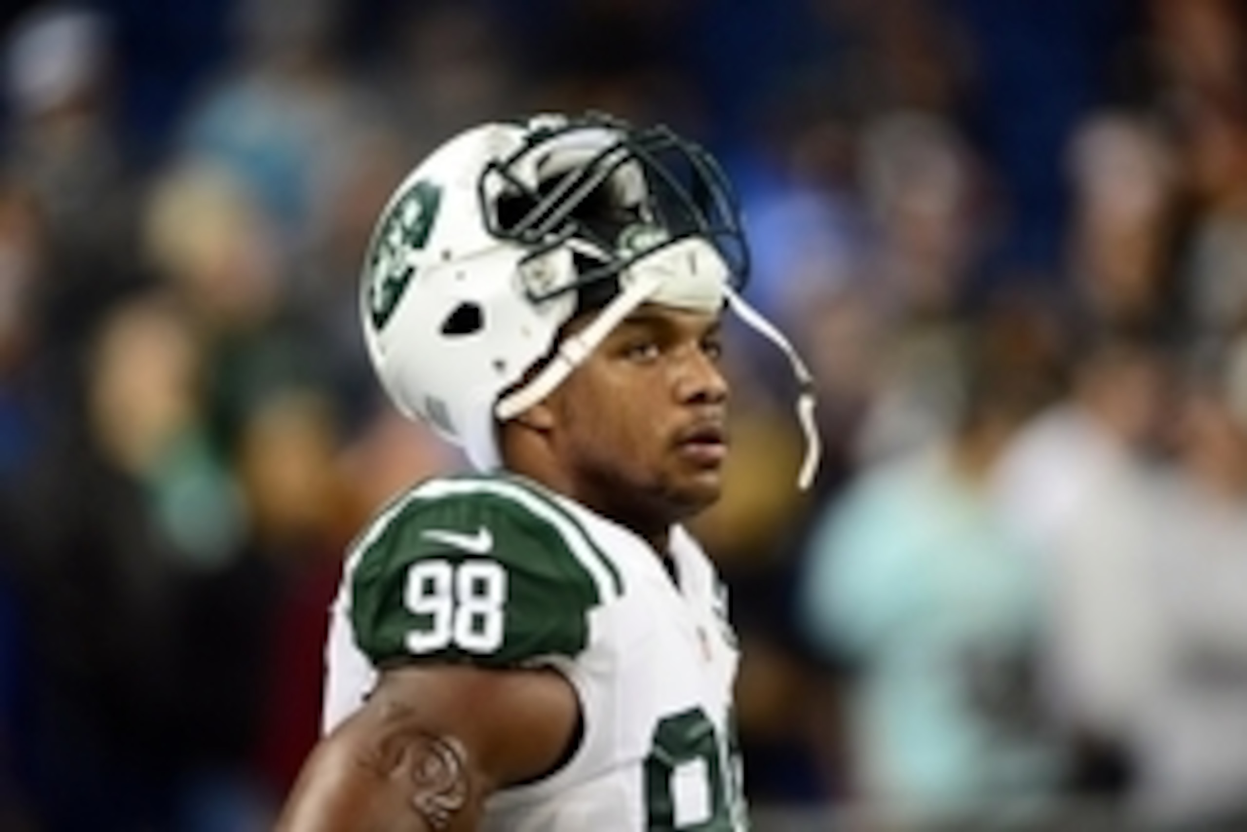 Nov 24, 2014; Detroit, MI, USA; New York Jets outside linebacker Quinton Coples (98) against the Buffalo Bills at Ford Field. Mandatory Credit: Andrew Weber-USA TODAY Sports