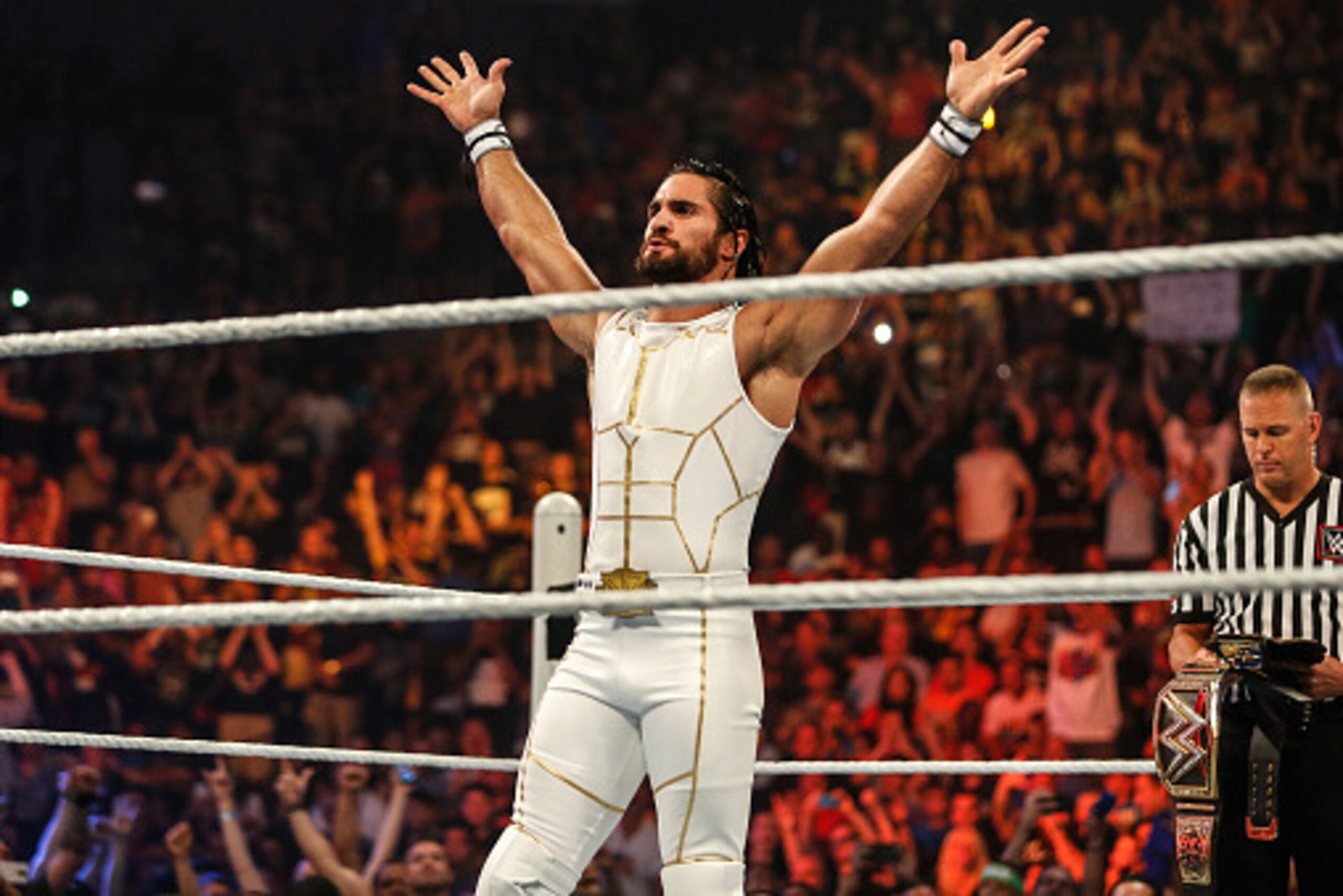 NEW YORK, NY - AUGUST 23:  Seth Rollins enters the ring at the WWE SummerSlam 2015 at Barclays Center of Brooklyn on August 23, 2015 in New York City.  (Photo by JP Yim/Getty Images)