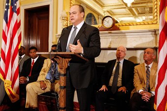 WASHINGTON, DC - APRIL 26:  Scott Coker, Bellator MMA President, speaks at a press conference to show support of  professional fighters study at Cleveland Clinic Lou Ruvo Center for Brain Health on April 26, 2016 in the Russell Senate Building in Washingt