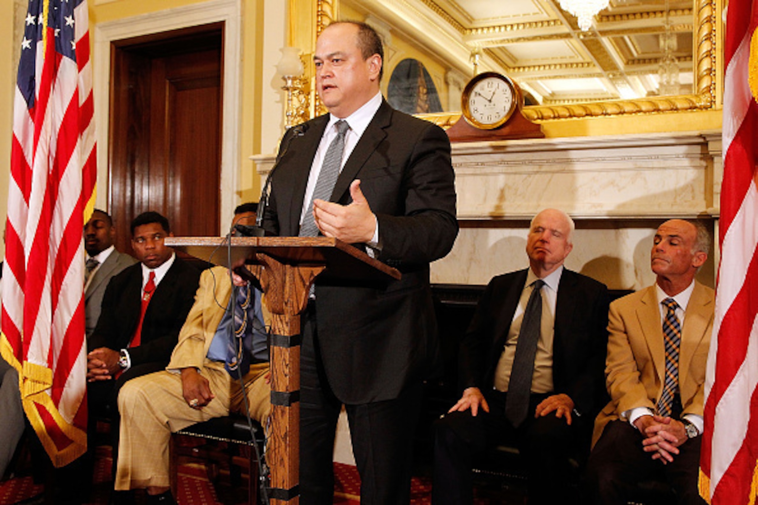 WASHINGTON, DC - APRIL 26:  Scott Coker, Bellator MMA President, speaks at a press conference to show support of  professional fighters study at Cleveland Clinic Lou Ruvo Center for Brain Health on April 26, 2016 in the Russell Senate Building in Washingt
