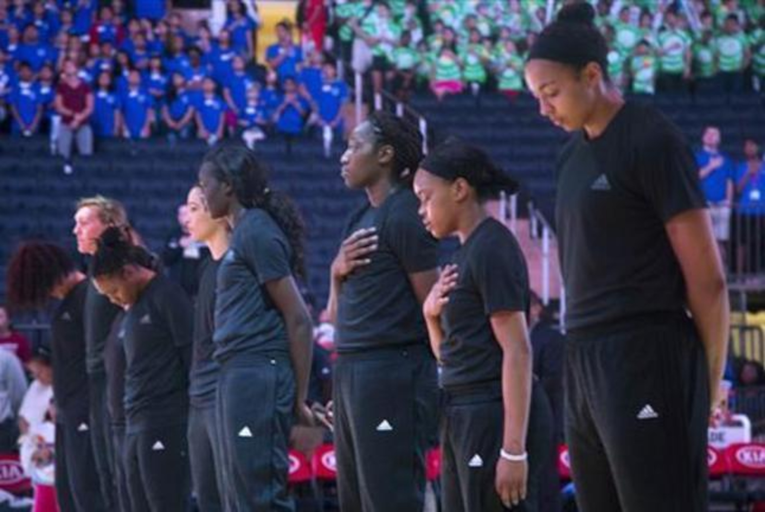 The New York Liberty during the national anthem before their game against the Atlanta Dream on July 13