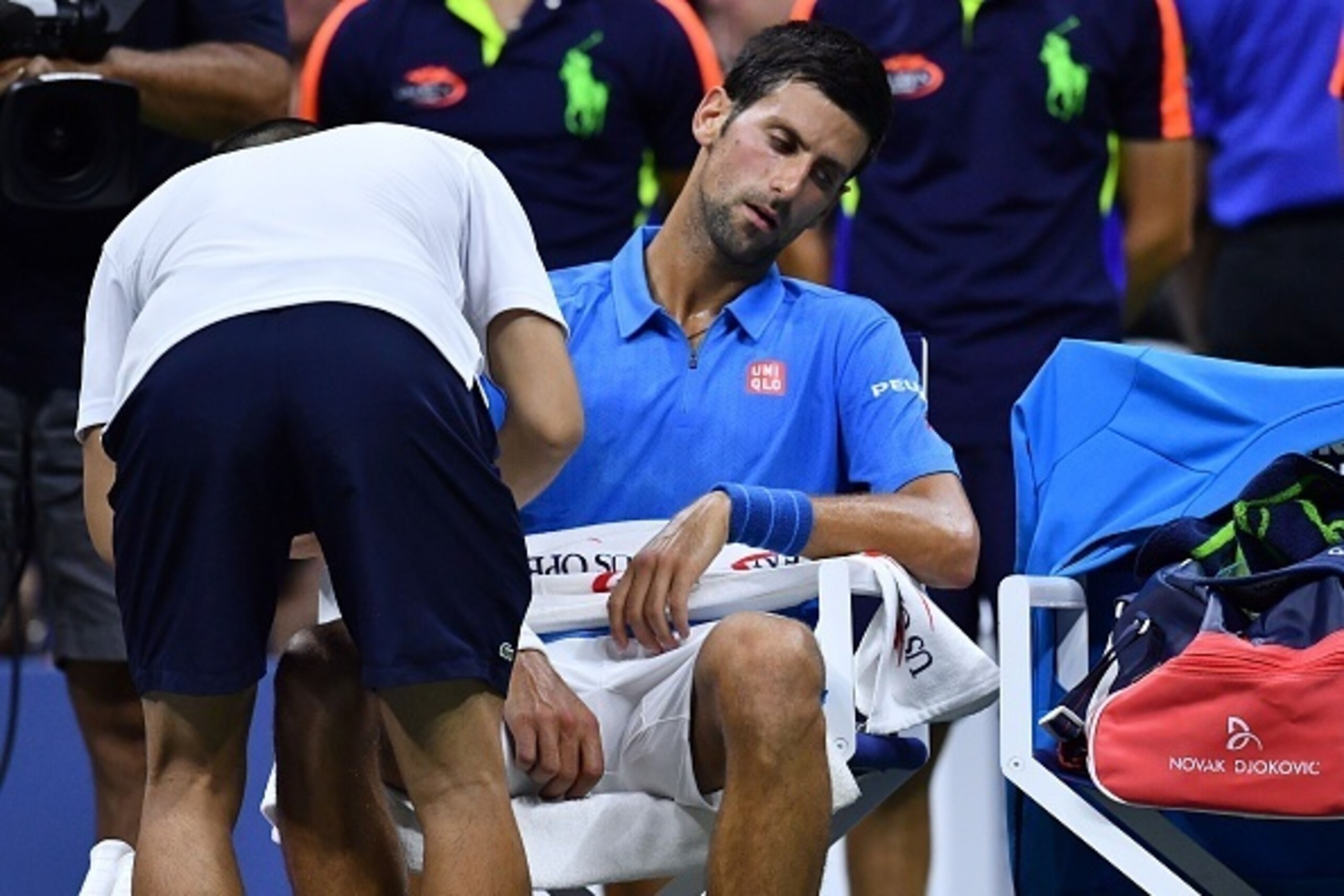 Novak Djokovic of Serbia reacts during during his 2016 US Open Men's Singles match against Jerzy Janowicz of Poland at the USTA Billie Jean King National Tennis Center in New York on August 29, 2016. / AFP / Jewel SAMAD        (Photo credit should read JE