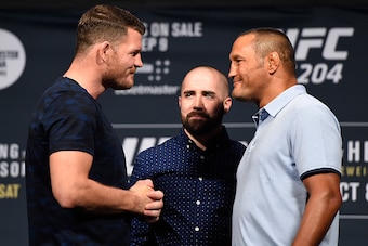 LAS VEGAS, NV - AUGUST 19:   (L-R) Opponents Michael Bisping and Dan Henderson face off during the UFC 204 press conference at the MGM Grand Hotel & Casino on August 19, 2016 in Las Vegas, Nevada. (Photo by Josh Hedges/Zuffa LLC/Zuffa LLC via Getty Images