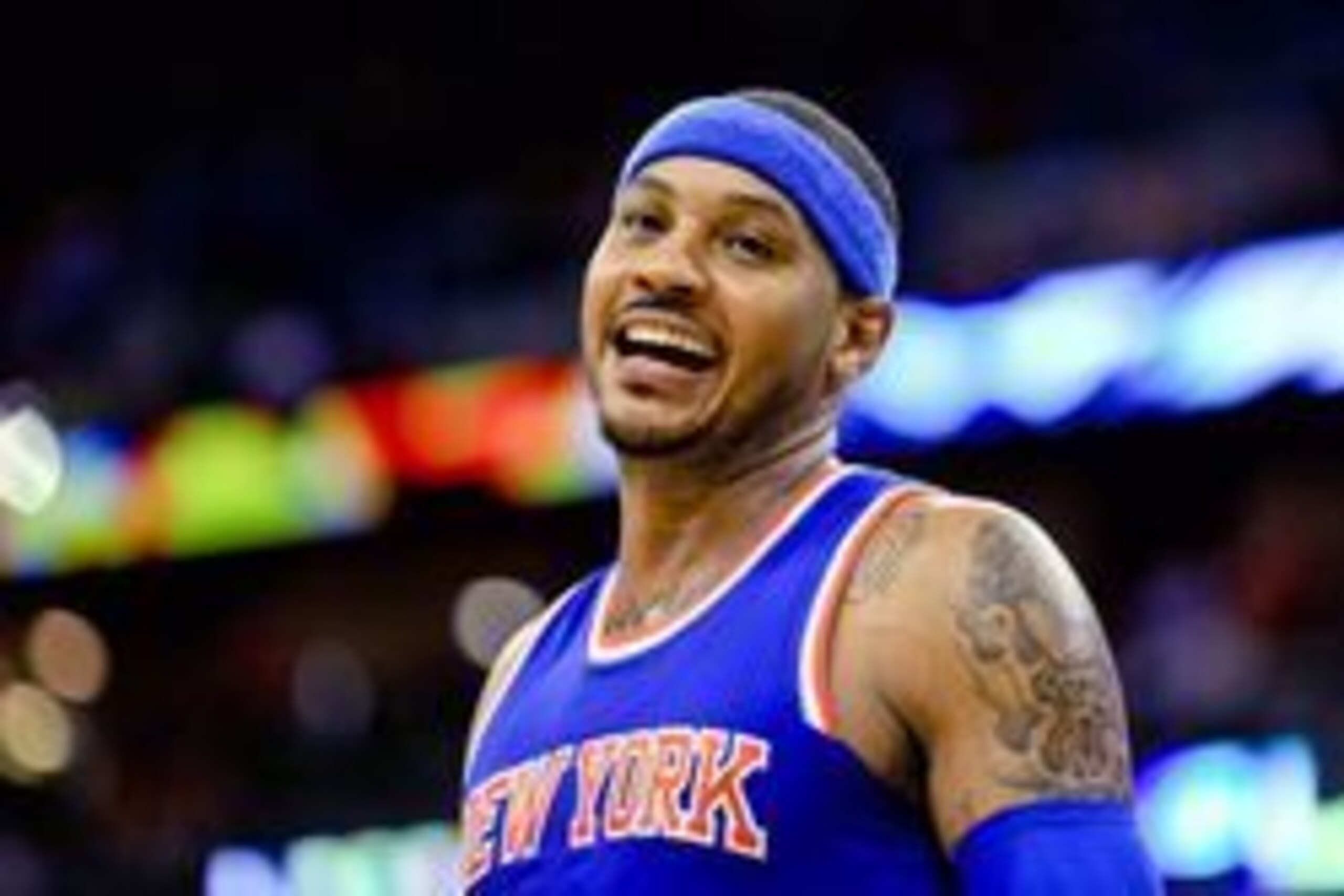 Mar 28, 2016; New Orleans, LA, USA; New York Knicks forward Carmelo Anthony (7) reacts against the New Orleans Pelicans during the second half of a game at the Smoothie King Center. The Pelicans defeated the Knicks 99-91. Mandatory Credit: Derick E. Hingl