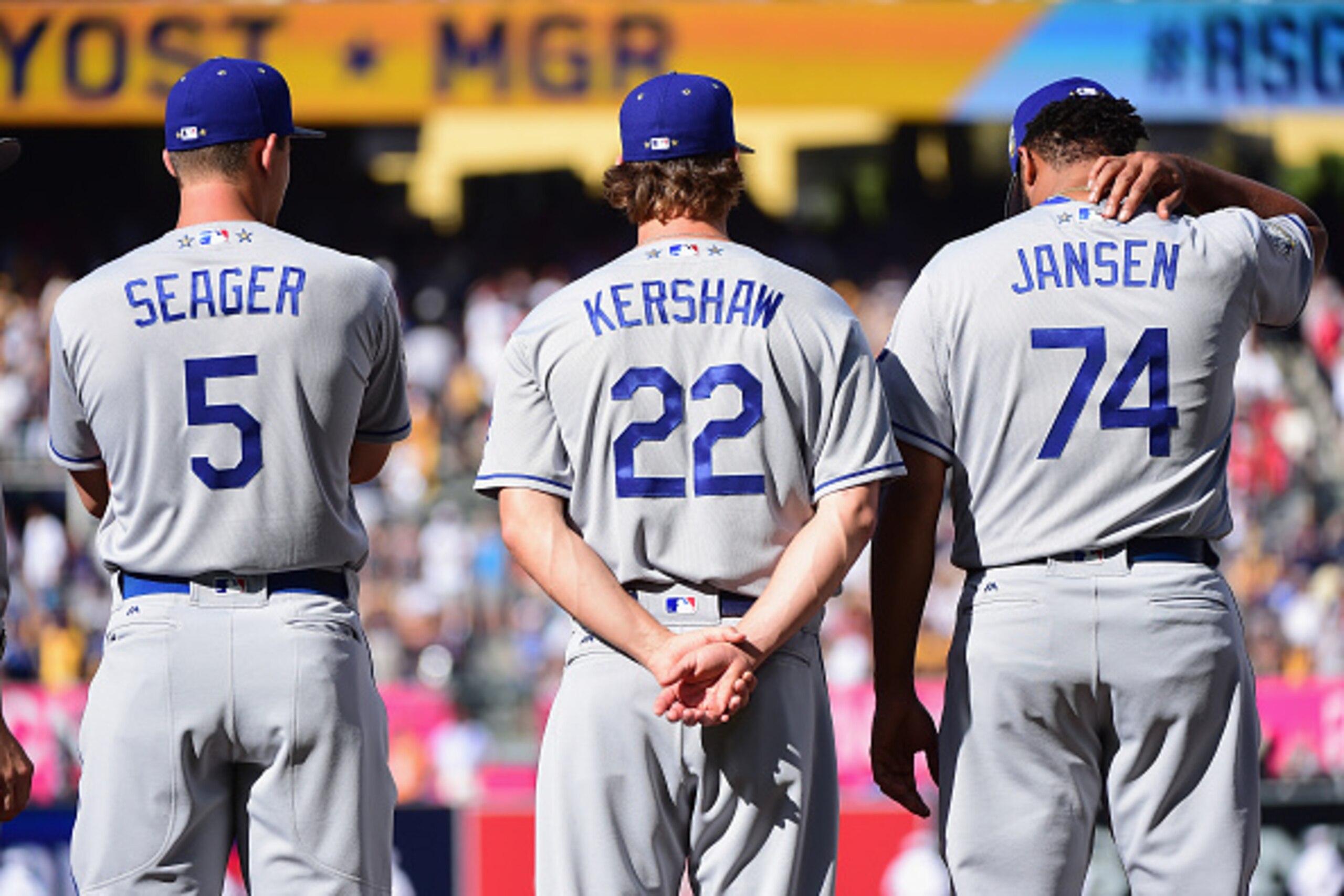 SAN DIEGO, CA - JULY 12:  (L-R) Corey Seager #5 of the Los Angeles Dodgers, Clayton Kershaw #22, and Kenley Jansen #74 stand on the field prior to the 87th Annual MLB All-Star Game at PETCO Park on July 12, 2016 in San Diego, California.  (Photo by Harry 