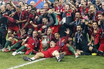 goalkeeper Rui Patricio of Portugal, Bruno Alves of Portugal, Pepe of Portugal, Jose Fonte of Portugal, Raphael Guerreiro of Portugal, Ricardo Carvalho of Portugal, Cristiano Ronaldo of Portugal, Joao Moutinho of Portugal, Eder of Portugal, Joao Mario of 