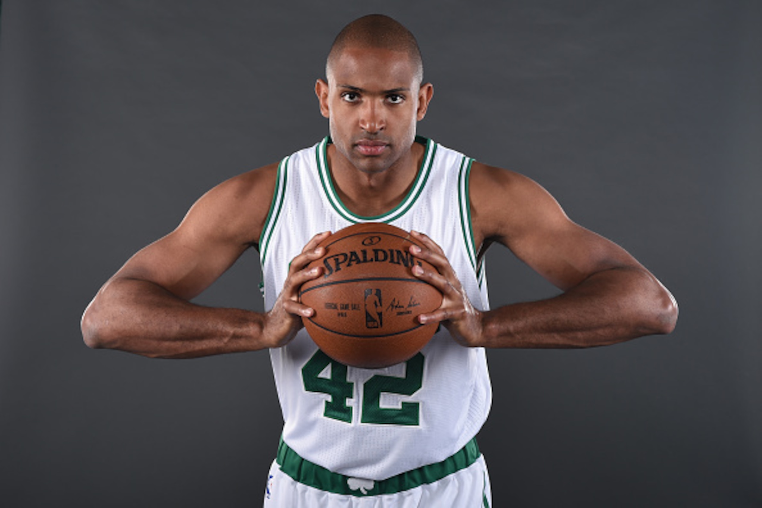 BOSTON, MA - JULY 8:  Al Horford poses for a portrait as the newest member of the Boston Celtics on July 8, 2016 at the Boston Celtics Practice Facility in Waltham, Massachusetts. NOTE TO USER: User expressly acknowledges and agrees that, by downloading a