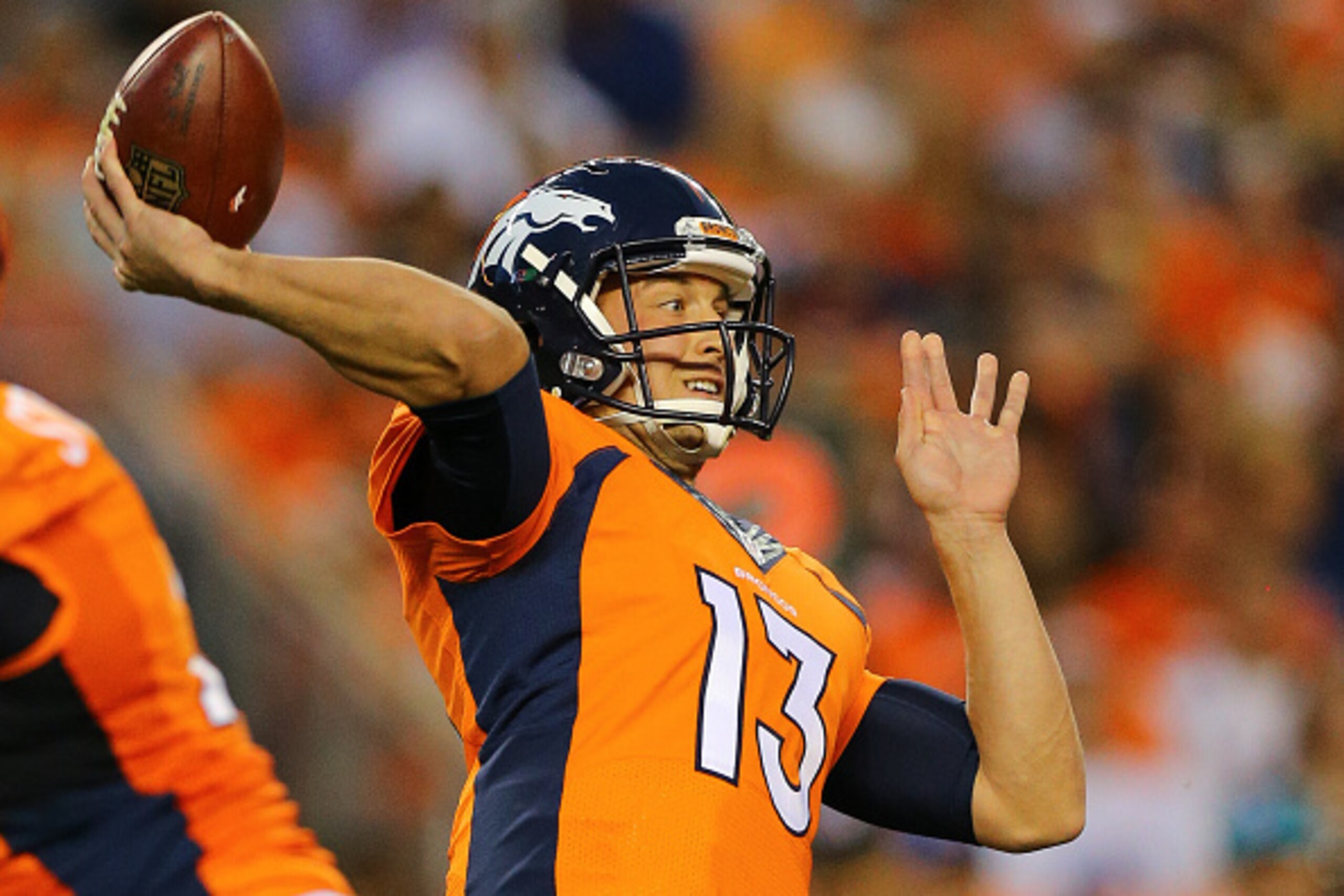 DENVER, CO - AUGUST 27:  Quarterback Trevor Siemian #13 of the Denver Broncos throws a pass during the first quarter against the Los Angeles Rams at Sports Authority Field Field at Mile High on August 27, 2016 in Denver, Colorado. (Photo by Justin Edmonds