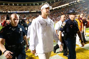 KNOXVILLE, TN - OCTOBER 25:  Offensive coordinator Lane Kiffin of the Alabama Crimson Tide walks off the field after their 34-20 win over the Tennessee Volunteers at Neyland Stadium on October 25, 2014 in Knoxville, Tennessee.  (Photo by Kevin C. Cox/Gett