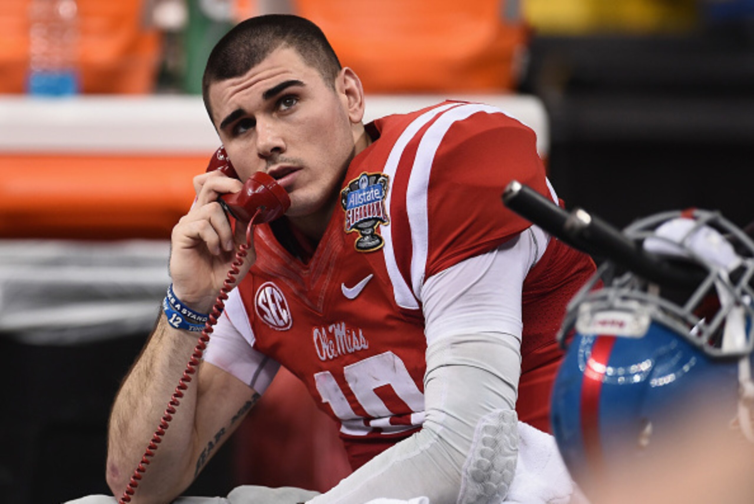NEW ORLEANS, LA - JANUARY 01:  Quarterback Chad Kelly #10 of the Mississippi Rebels is seen on the bench during the game against the Oklahoma State Cowboys during the third quarter of the Allstate Sugar Bowl at Mercedes-Benz Superdome on January 1, 2016 i