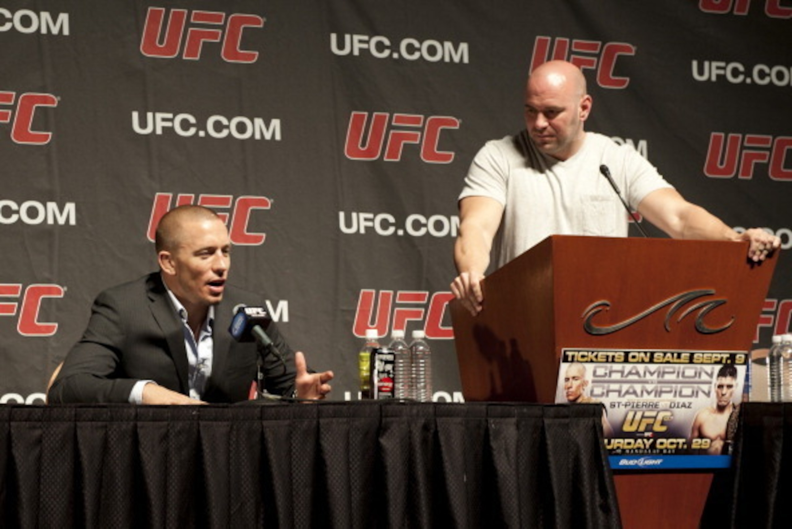 LAS VEGAS - SEPTEMBER 07:  (L-R) UFC welterweight champion Georges St-Pierre answers questions alonside UFC President Dana White at the UFC 137 Press Conference at the Mandalay Bay Events Center on September 7, 2011 in Las Vegas, Nevada.  (Photo by Kari H