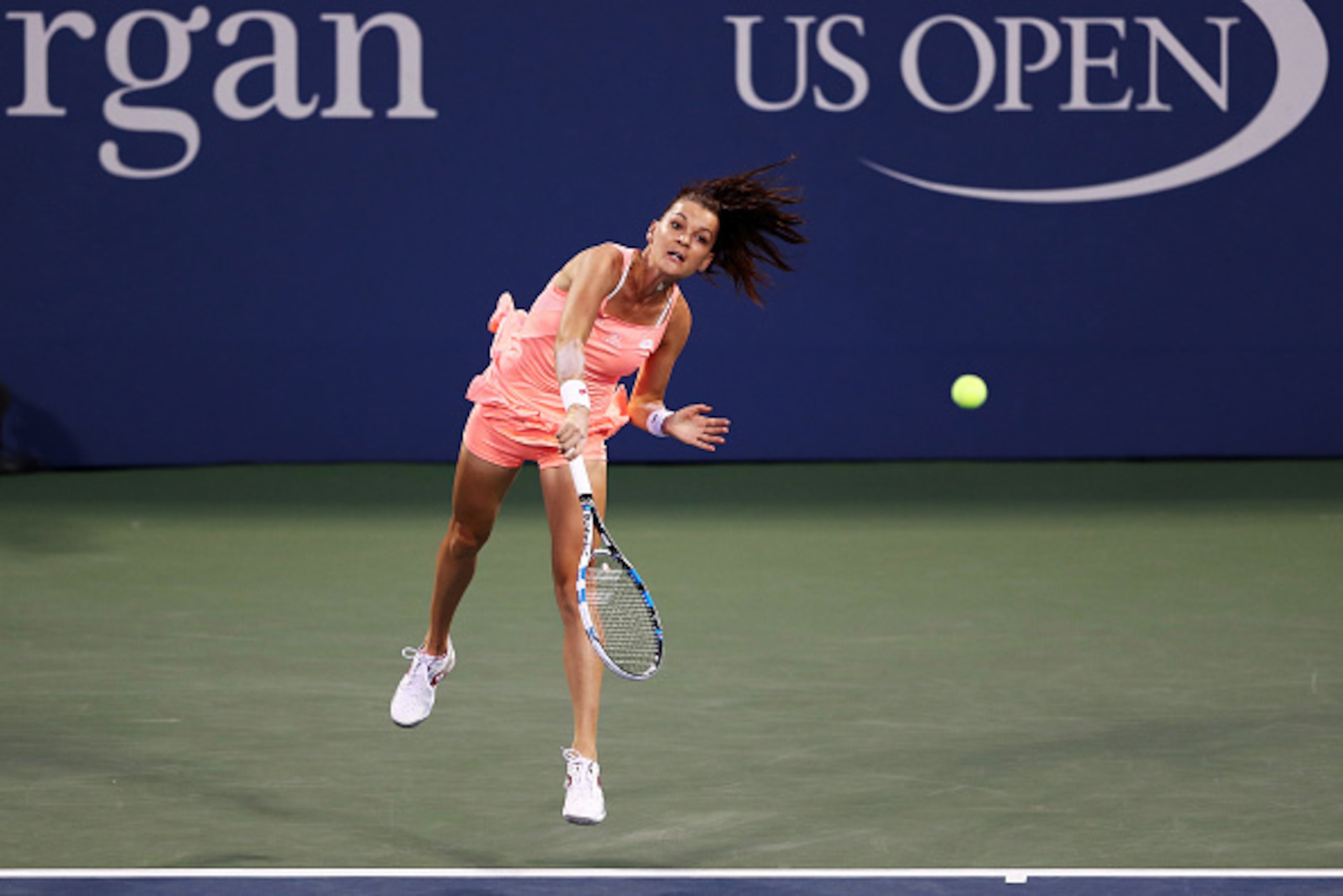 NEW YORK, NY - AUGUST 30:  Agnieszka Radwanska of Poland serves to Jessica Pegula of the United States during her first round Women's Singles match on Day Two of the 2016 US Open at the USTA Billie Jean King National Tennis Center on August 30, 2016 in th