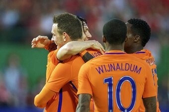 (L-R) Vincent Janssen of Holland, Steven Berghuis of Holland, Georginio Wijnaldum of Holland, Quincy Promes of Holland during the friendly match between Austria and Netherlands on June 4, 2016 at the Ernst Happel stadium in Wien, Austria.(Photo by VI Imag
