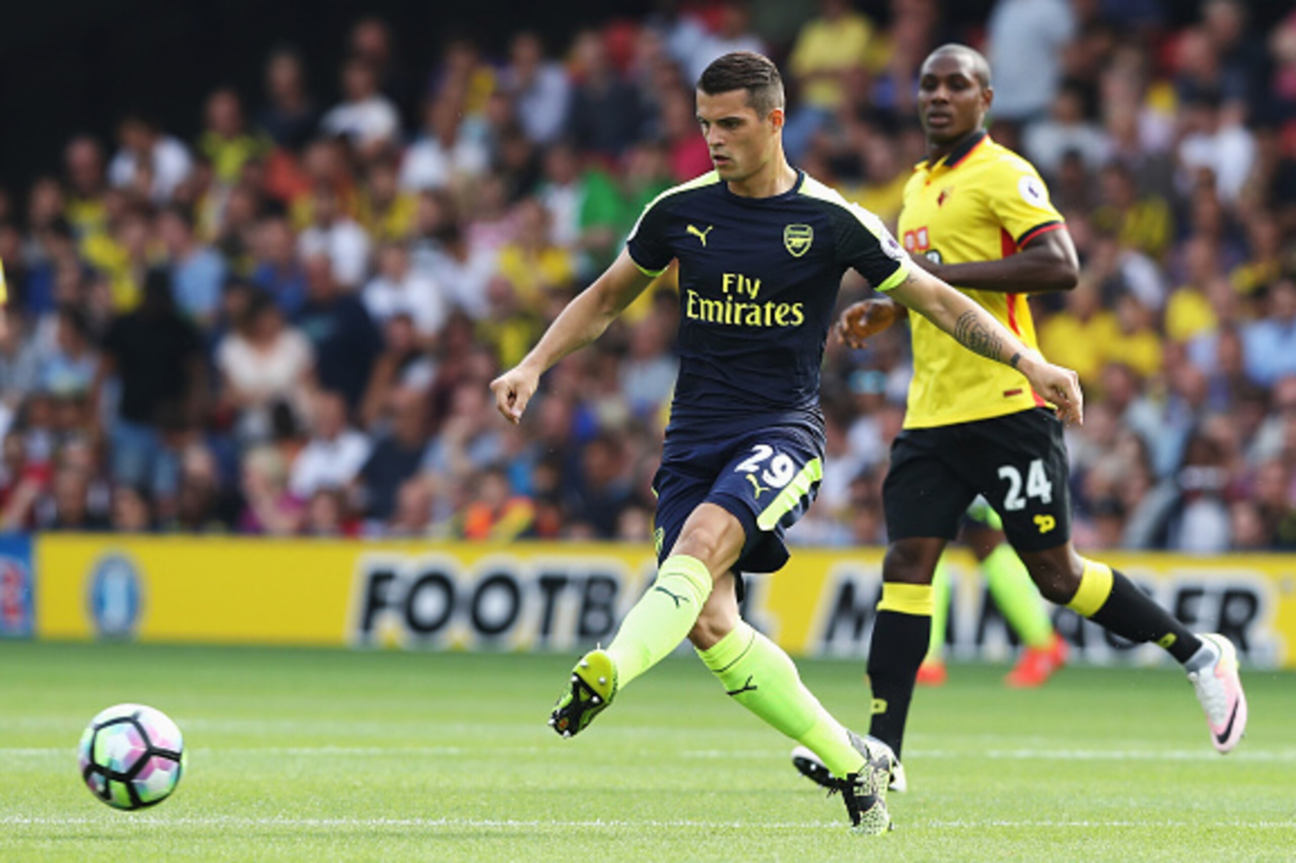 WATFORD, ENGLAND - AUGUST 27: Granit Xhaka of Arsenal in action during the Premier League match between Watford and Arsenal at Vicarage Road on August 27, 2016 in Watford, England.  (Photo by David Rogers/Getty Images)