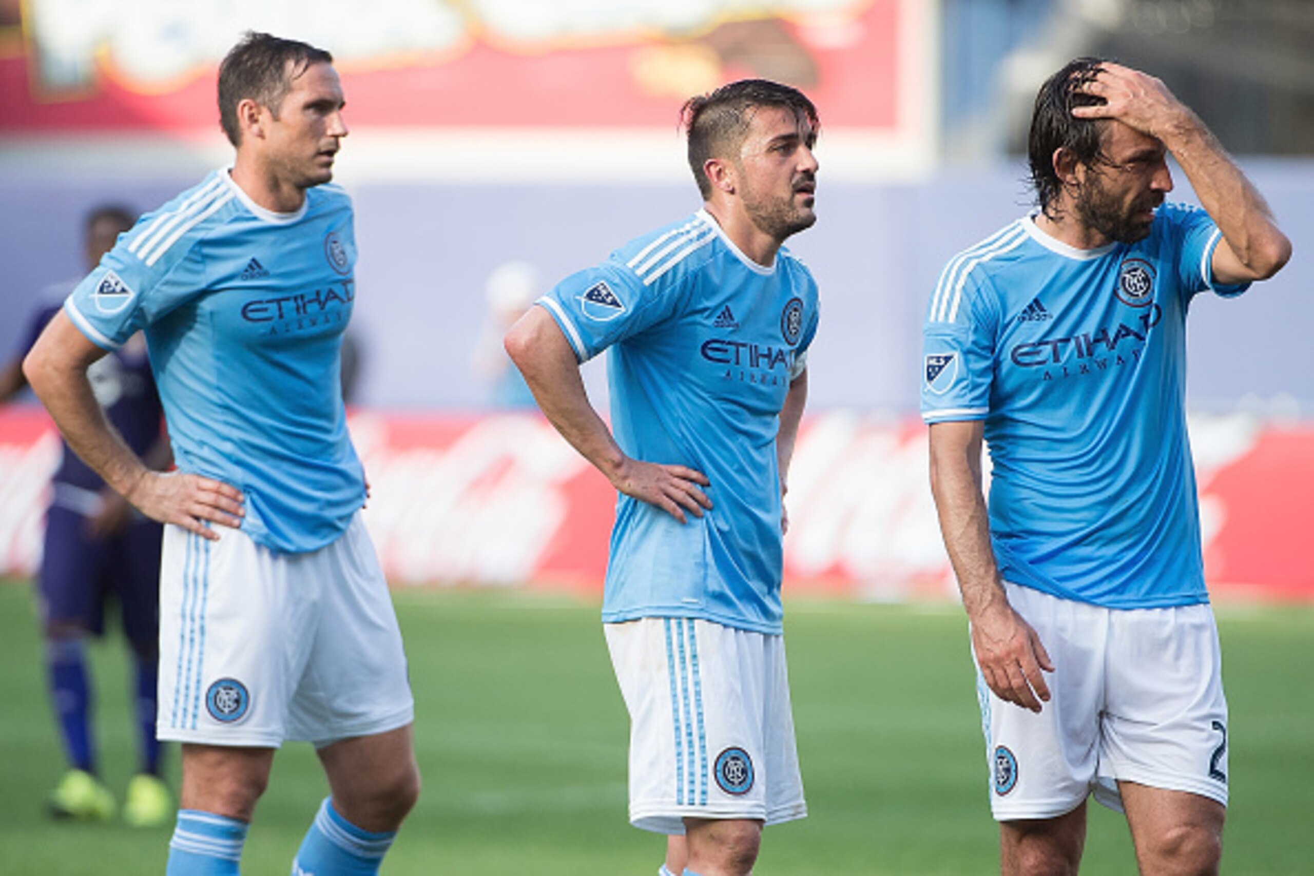 NEW YORK, NY - MAY 29:  (L-R) Frank Lampard #8, David Villa #7 and Andrea Pirlo #21 of New York City FC during the match at Yankee Stadium on May 29, 2016 in New York City.  New York City FC and Orlando City FC draw 2-2.  (Photo by Michael Stewart/Getty I