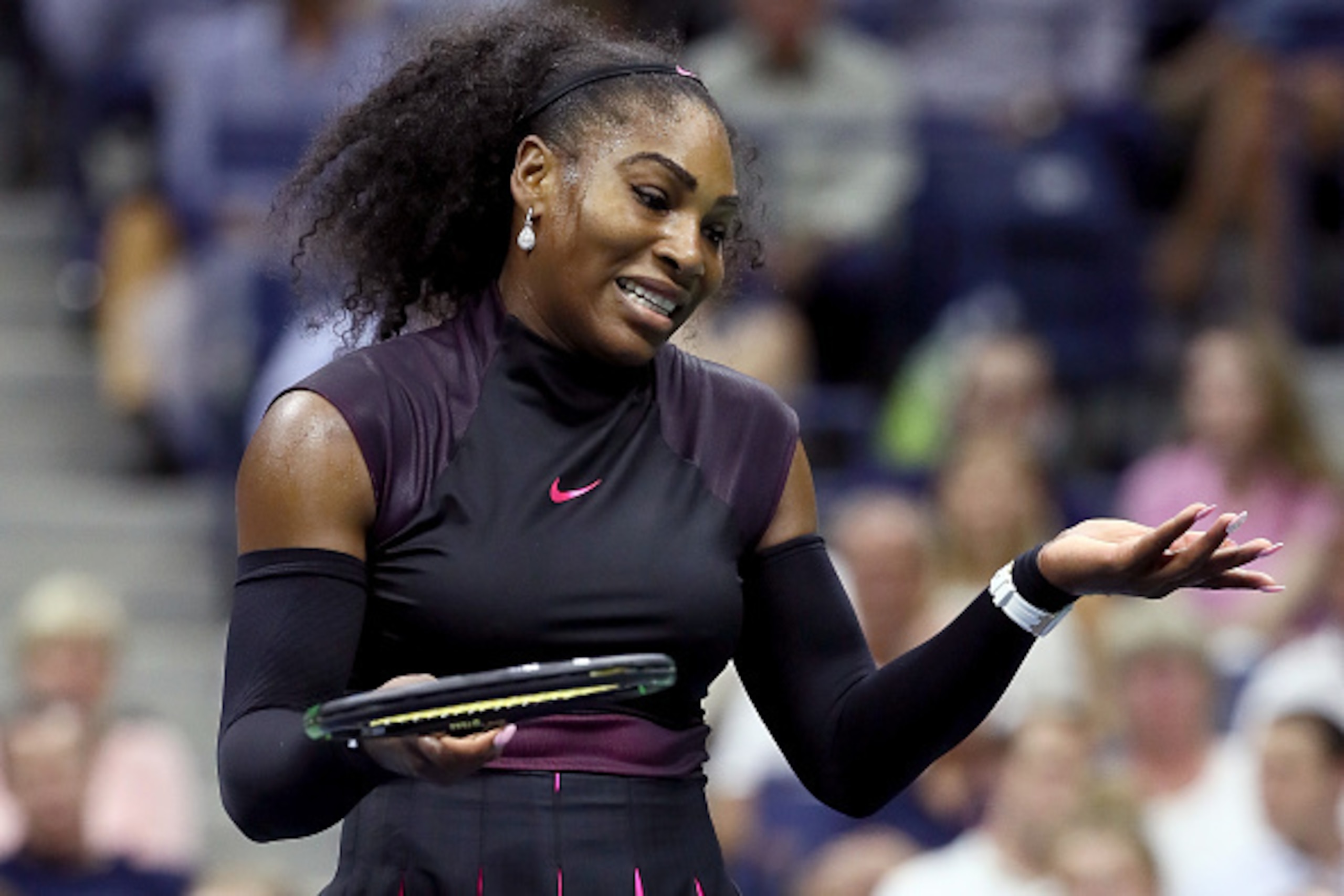 NEW YORK, NY - SEPTEMBER 01:  Serena Williams of the United States reacts against Vania King of the United States during her second round Women's Singles match on Day Four of the 2016 US Open at the USTA Billie Jean King National Tennis Center on Septembe