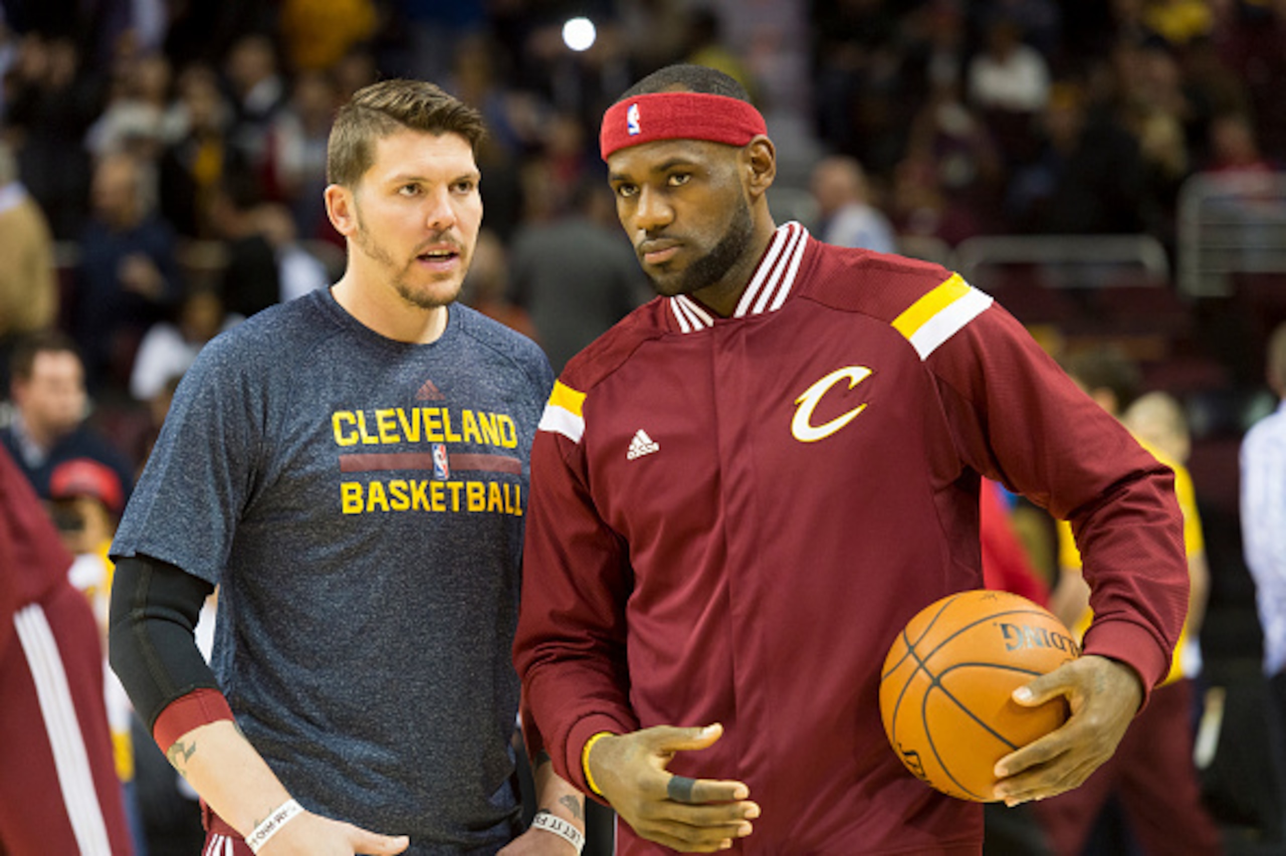 CLEVELAND, OH - NOVEMBER 19: Mike Miller #18 of the Cleveland Cavaliers and LeBron James #23 talk on the sidelines during the first half against the San Antonio Spurs at Quicken Loans Arena on November 19, 2014 in Cleveland, Ohio. User expressly acknowled CLEVELAND, OH - NOVEMBER 19: Mike Miller #18 of the Cleveland Cavaliers and LeBron James #23 talk on the sidelines during the first half against the San Antonio Spurs at Quicken Loans Arena on November 19, 2014 in Cleveland, Ohio. User expressly acknowled