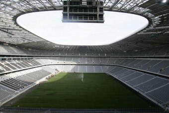 MUNICH, GERMANY - APRIL 15: General view of unfinished Allianz Arena football stadium April 16, 2005 in Munich, Germany. The Allianz Arena will be the future home stadium of soccer clubs FC Bayern Munich and TSV 1860 Munich and will also host the opening 