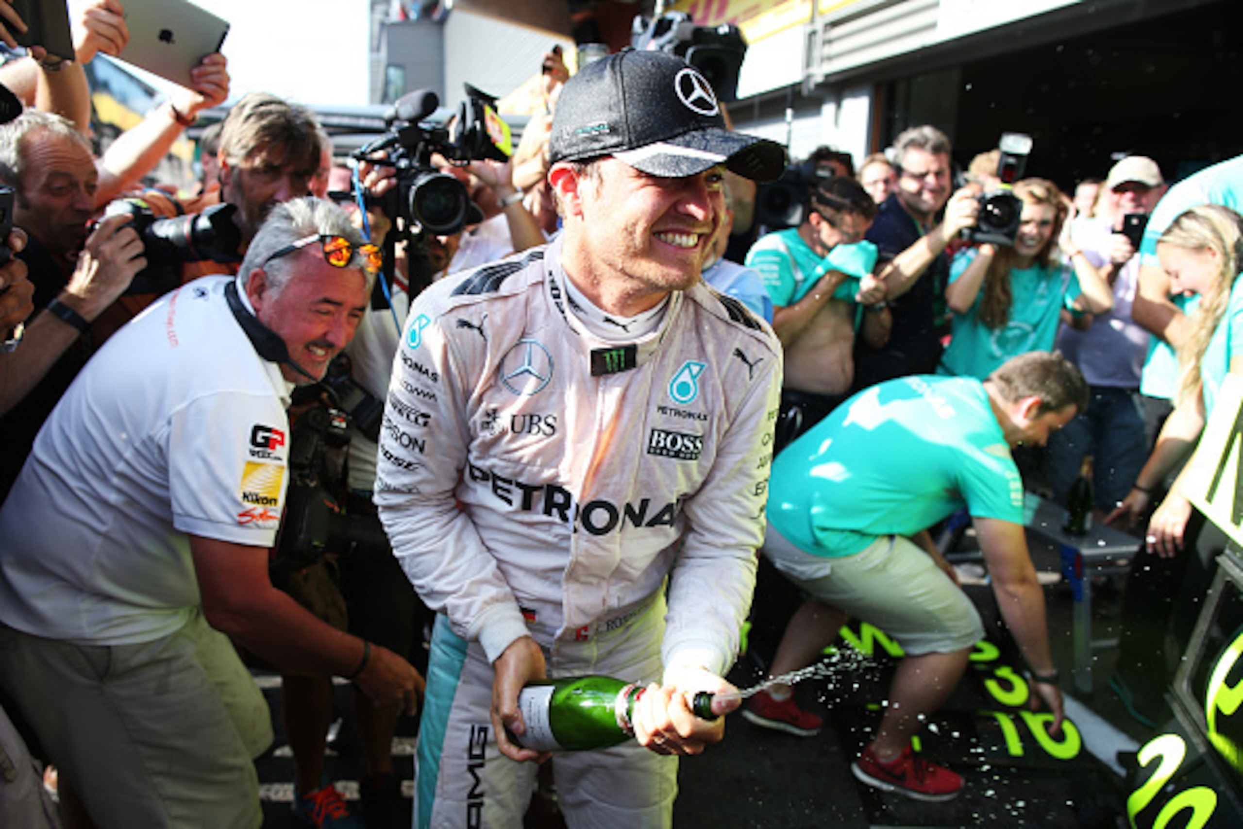 SPA, BELGIUM - AUGUST 28:  Nico Rosberg of Germany and Mercedes GP celebrates his win with his team during the Formula One Grand Prix of Belgium at Circuit de Spa-Francorchamps on August 28, 2016 in Spa, Belgium  (Photo by Charles Coates/Getty Images)