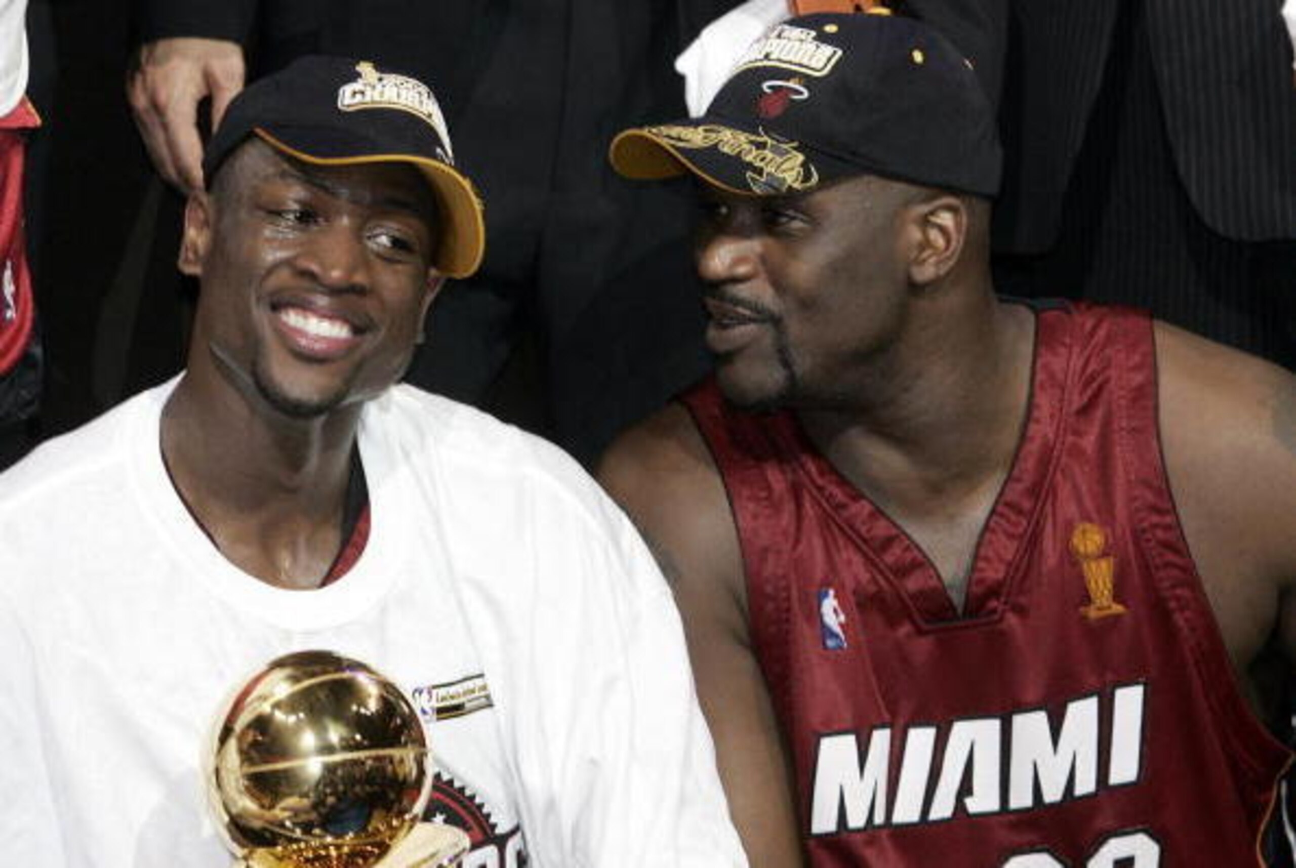 Dallas, UNITED STATES: Dwyane Wade (L) and Shaquille O'Neal (R) of the Miami Heat celebrate after winning the NBA Finals against the Dallas Mavericks in Game 6 20 June 2006 at the American Airlines Center in Dallas. The Heat won 95-92. Wade was named MVP Dallas, UNITED STATES: Dwyane Wade (L) and Shaquille O'Neal (R) of the Miami Heat celebrate after winning the NBA Finals against the Dallas Mavericks in Game 6 20 June 2006 at the American Airlines Center in Dallas. The Heat won 95-92. Wade was named MVP