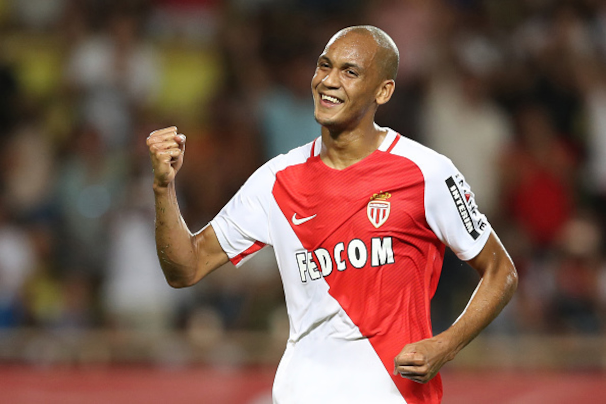 Monaco's Brazilian defender Fabinho celebrates after scoring a goal during the French Ligue 1 football match Monaco (ASM) versus Paris-Saint-Germain (PSG) on August 28, 2016 at the Louis II Stadium in Monaco.   / AFP / VALERY HACHE        (Photo credit sh