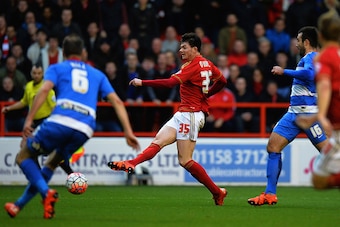 NOTTINGHAM, ENGLAND - JANUARY 09: Oliver Burke of Nottingham Forest scores their first goal during The Emirates FA Cup Third Round match between Nottingham Forest and Queens Park Rangers at City Ground on January 9, 2016 in Nottingham, England.  (Photo by