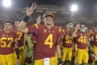 Sep 5, 2015; Los Angeles, CA, USA; Southern California Trojans quarterback Max Browne (4) reacts after the game against the Arkansas State Red Wolves at Los Angeles Memorial Coliseum. Mandatory Credit: Kirby Lee-USA TODAY Sports
