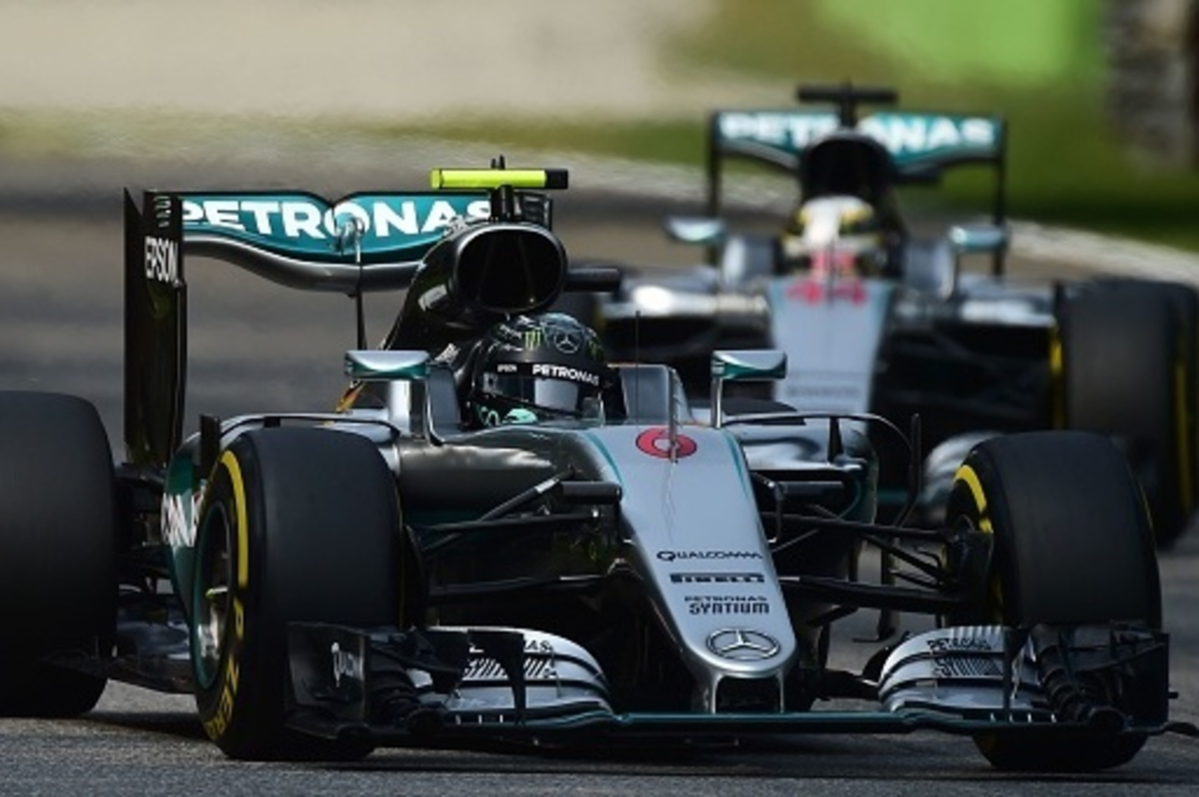 Mercedes AMG Petronas F1 Team's German driver Nico Rosberg drives ahead of Mercedes AMG Petronas F1 Team's British driver Lewis Hamilton during the third practice session at the Autodromo Nazionale circuit in Monza on September 3, 2016 ahead of the Italia